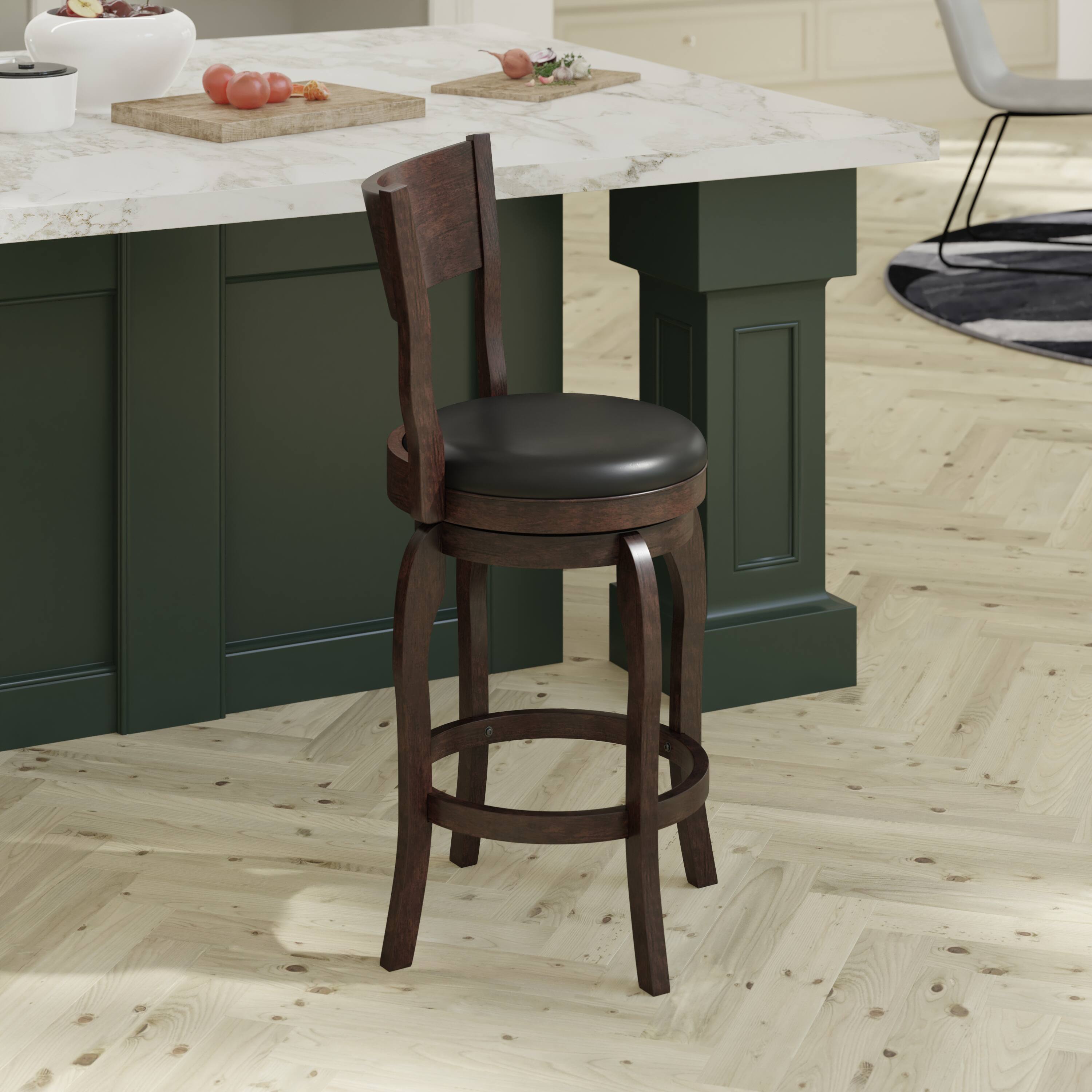 Alt View 4. Emma + Oliver - Cale Classic Pub Style Swivel Wooden Barstool with Padded Faux Leather Seat - Black Vinyl/Espresso Frame.