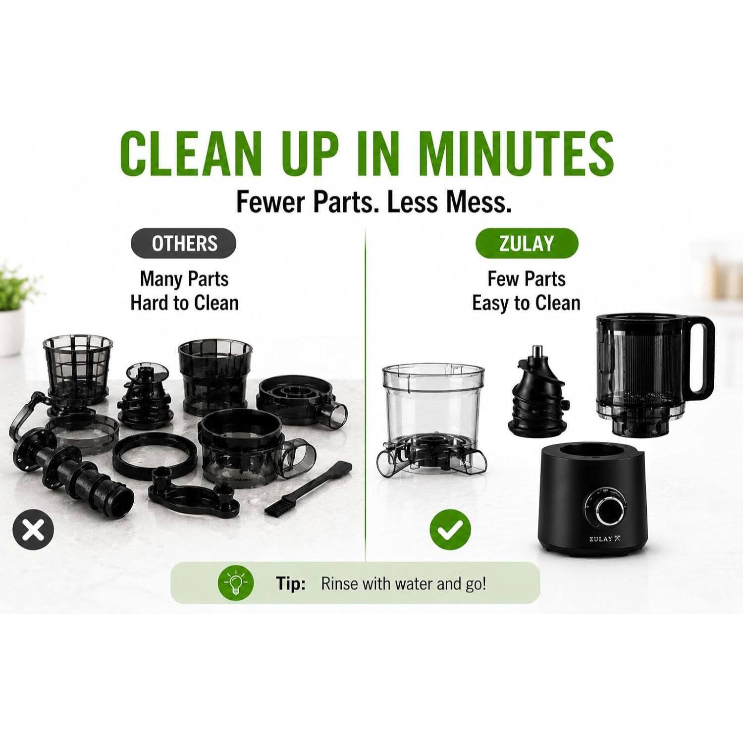 CLEAN UP IN MINUTES  
Fewer Parts. Less Mess.  

OTHERS  
Many Parts  
Hard to Clean  

ZULAY  
Few Parts  
Easy to Clean  

Tip: Rinse with water and go!