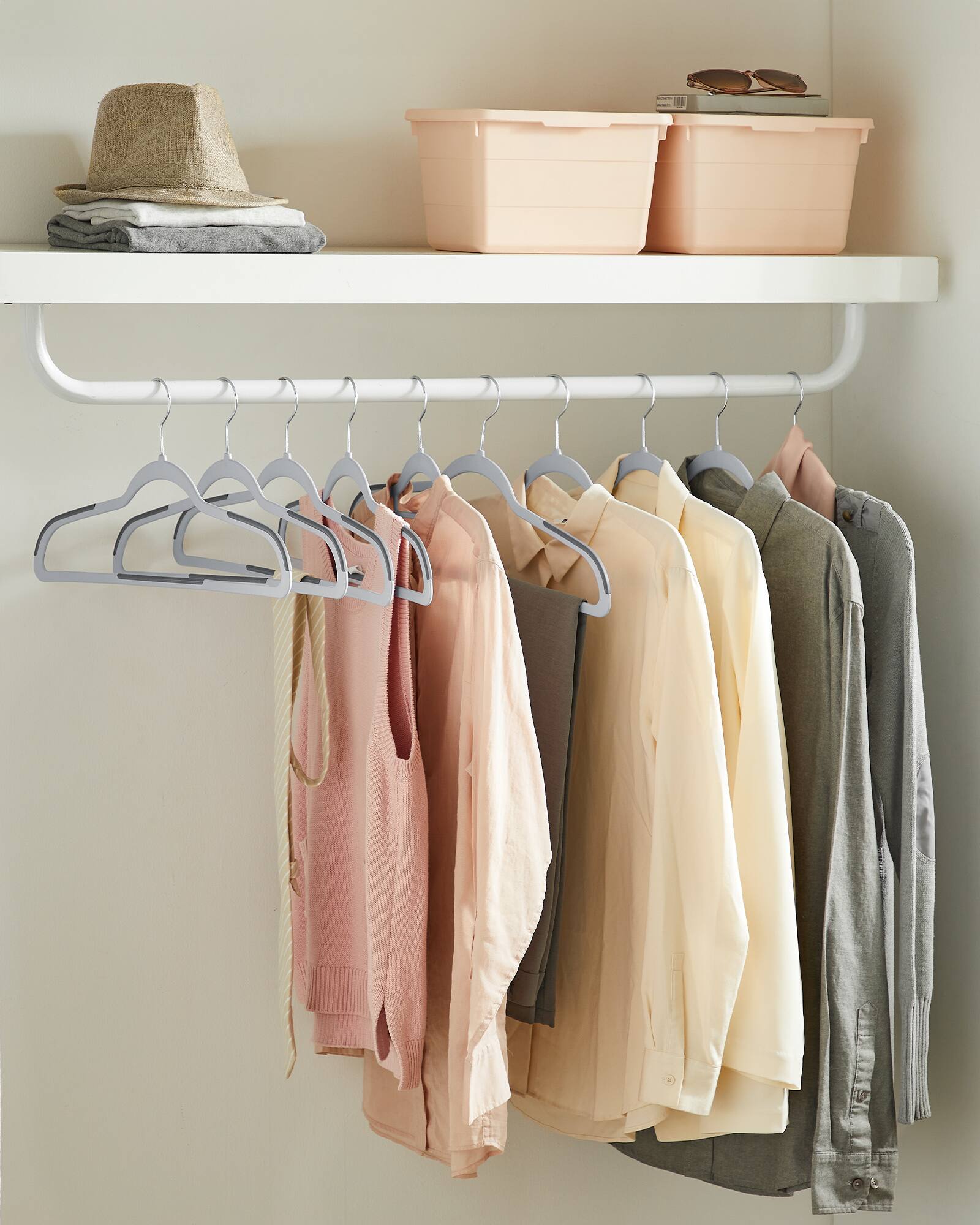 Left. Songmics Home - Clothes Hangers, Pack of 30 Plastic Coat Hangers, Space-Saving, 0.2 Inches Thick, 17.7 Inches Wide, 360° Swivel Hook - Light Gray and Dark Gray.