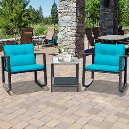 Gymax - 3PCS Rattan Rocking Chair Table Set Patio Furniture Set w/ Blue Cushions - as pic
