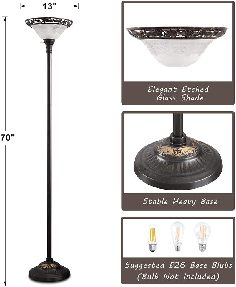 13" Elegant Etched Glass Shade  
70" Stable Heavy Base  
Suggested E26 Base Bulbs (Bulb Not Included)
