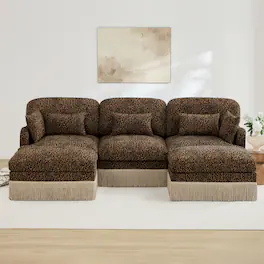 Anysun - 100" Chenille Leopard U-Shaped Sofa, Tassel Edge, 2 Movable Ottomans, Ergonomic Design, Easy Assembly, Deep Seat - Brown