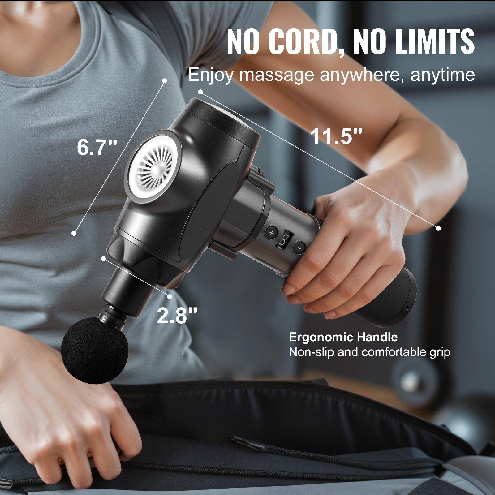 NO CORD, NO LIMITS  
Enjoy massage anywhere, anytime  

6.7"  
11.5"  
2.8"  

Ergonomic Handle  
Non-slip and comfortable grip