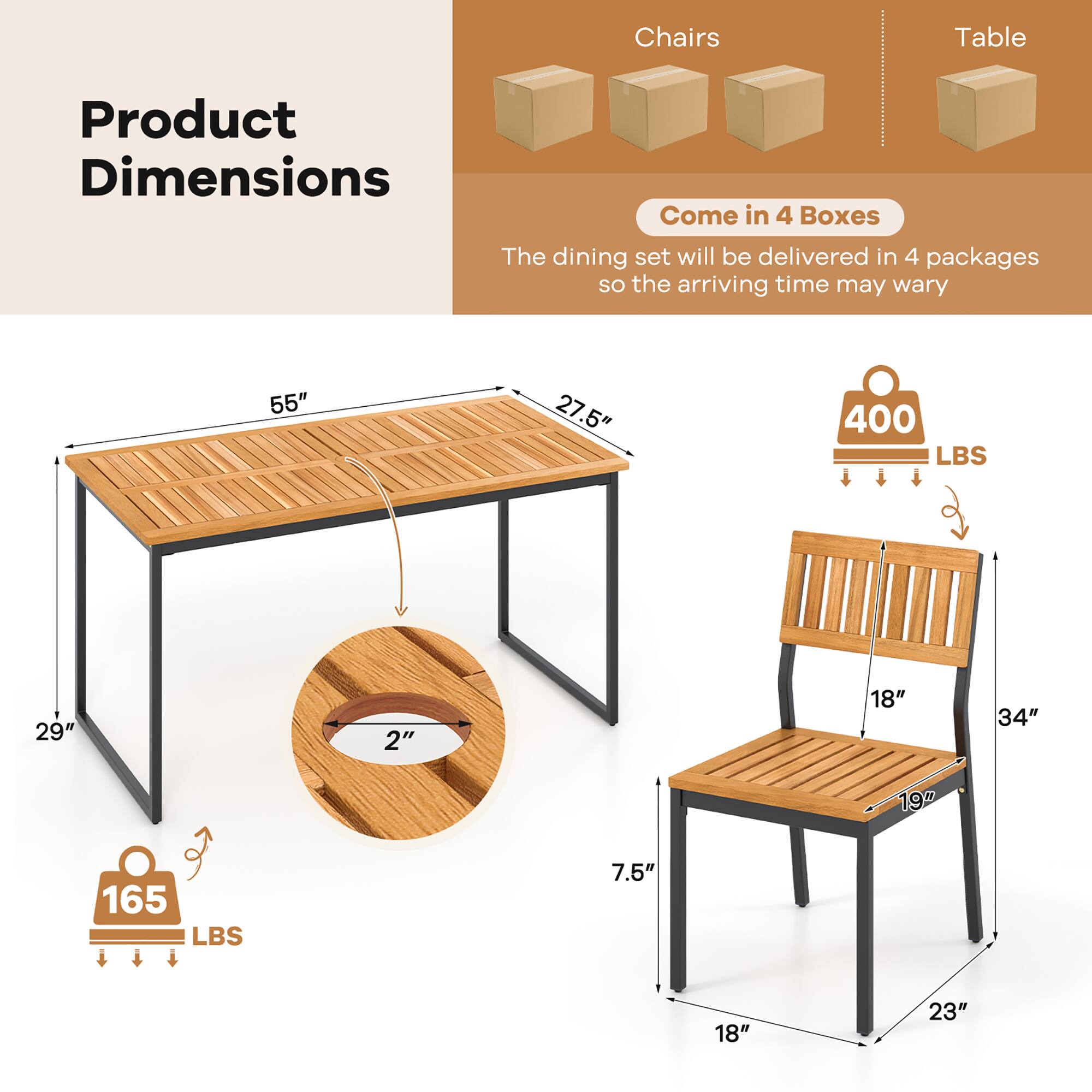 **Product Dimensions**

- **Table:**
  - Length: 55"
  - Width: 27.5"
  - Height: 29"
  - Thickness: 2"
  - Weight Capacity: 400 LBS

- **Chairs:**
  - Height: 34"
  - Seat Height: 19"
  - Seat Width: 18"
  - Seat Depth: 18"
  - Back Height: 23"
  - Weight Capacity: 165 LBS

**Delivery Information:**
- The dining set will be delivered in 4 packages, so the arriving time may vary.