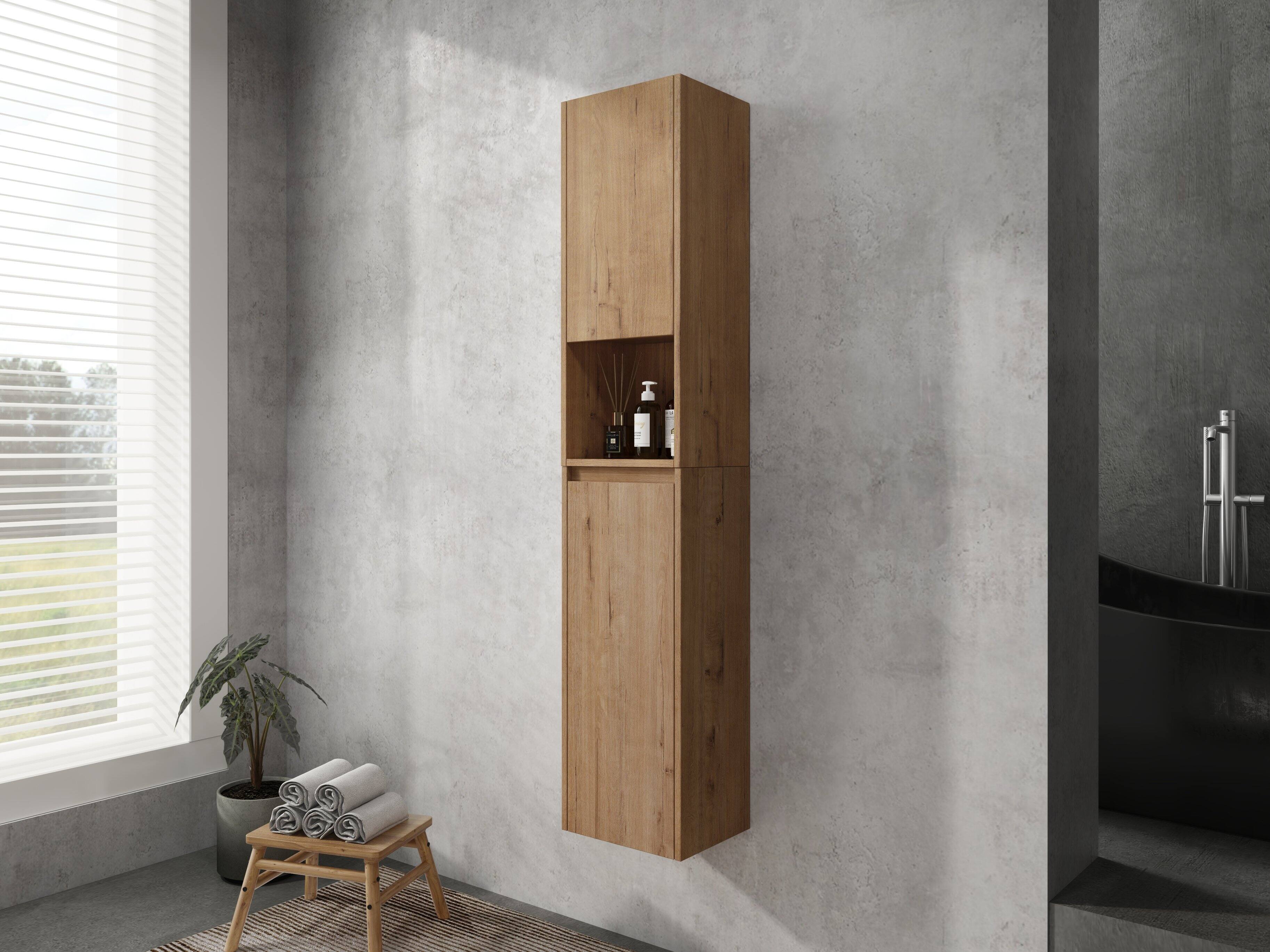 Back. TinyHomie - 12in Bathroom Side Cabinet Soft Close Doors Float Mounting Design Imitative Oak KD-Packing - Imitative Oak.