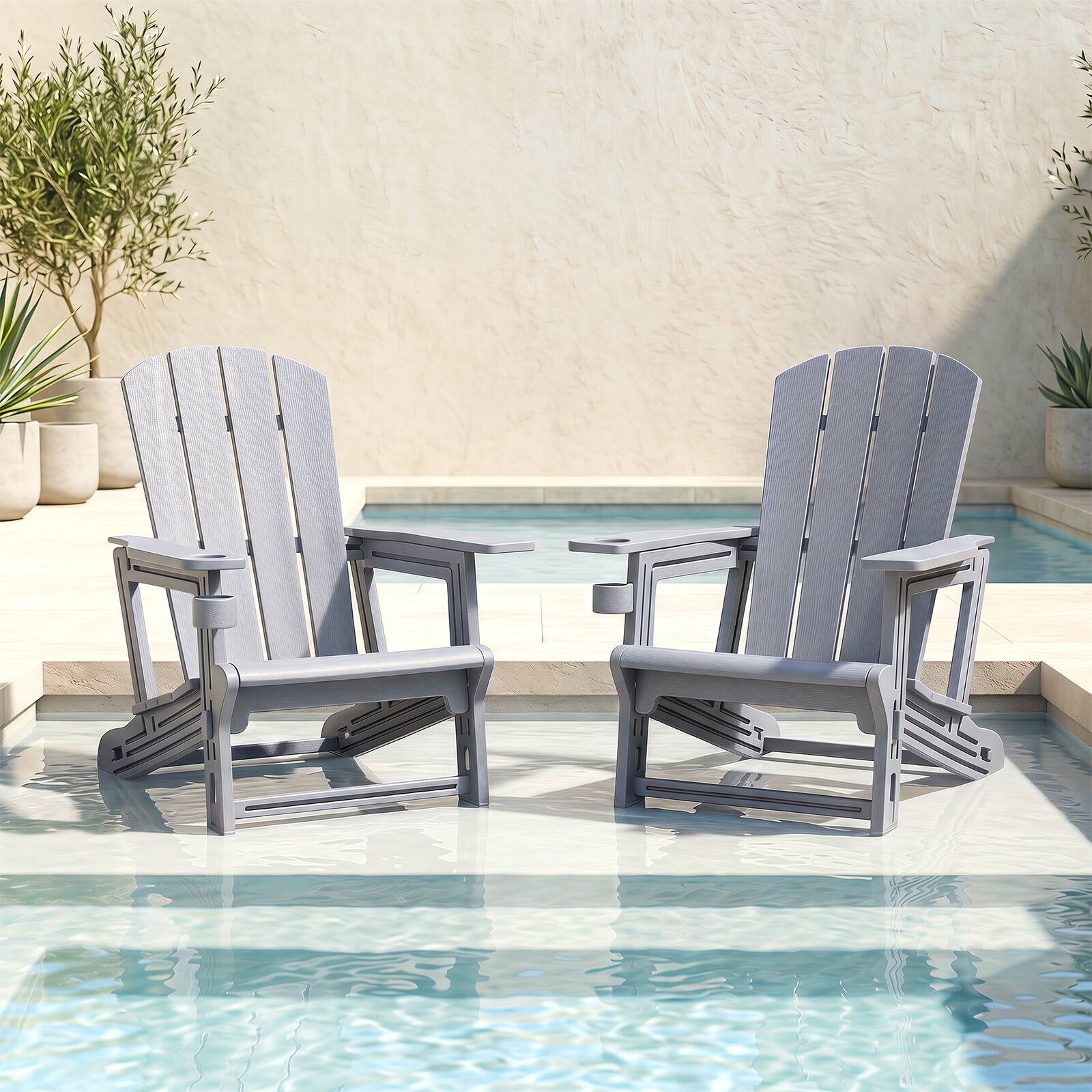 Alt View 1. Costway - Costway 2 PCS HDPE Adirondack Chairs with Realistic Wood Grain, Extended Backrest - Gray.