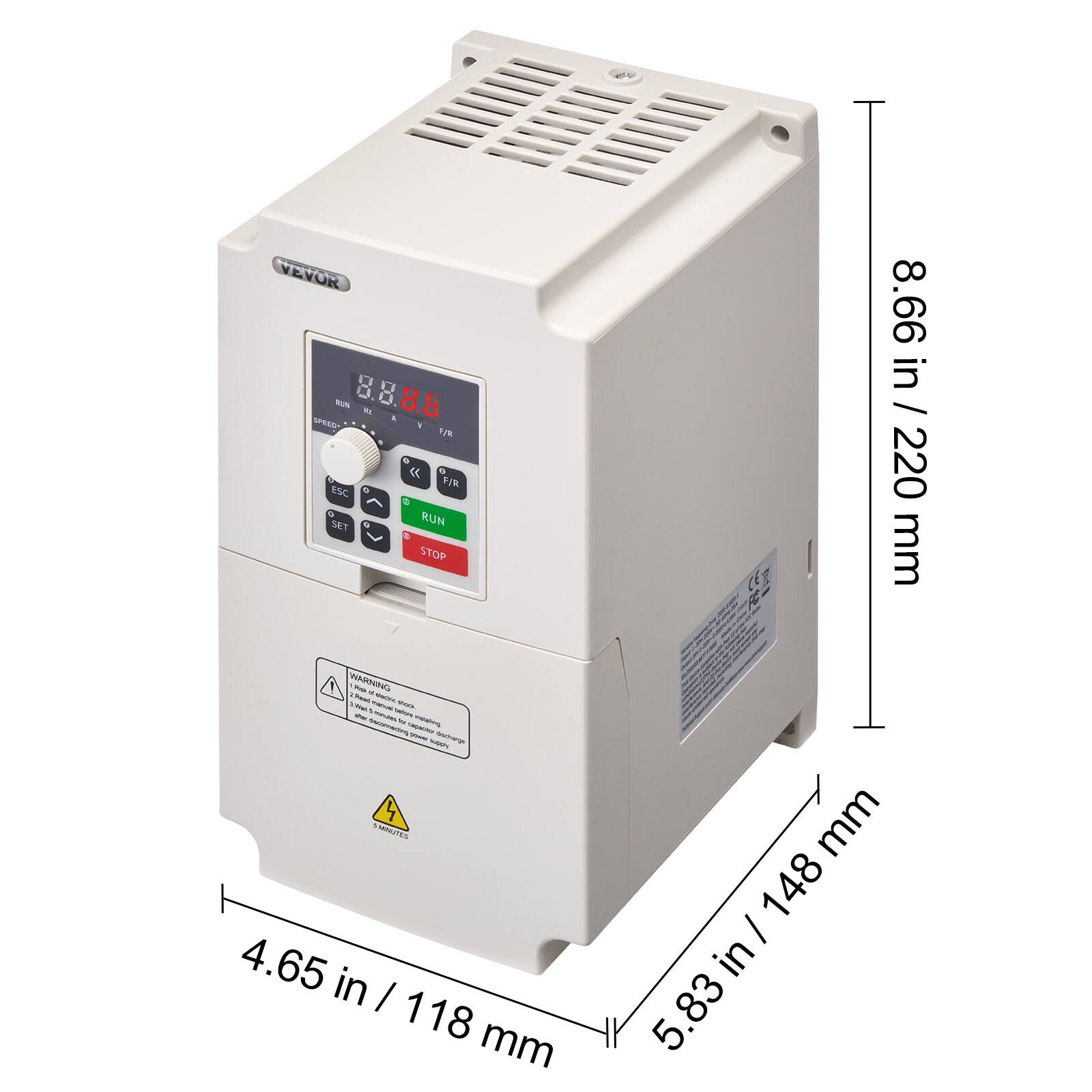 VEVOR 8.66 in / 220 mm  
SPEED* y F/R. ESC RUN o F/R 220 SET STOP mm  
WARNING Wish + States manus - - WallS - - - W moking pollemes  
CHIPIINE  
www. 7 MAUTES mm / 148 4.65 in in 4.65 in / 118 m I 5.83 mm 5.