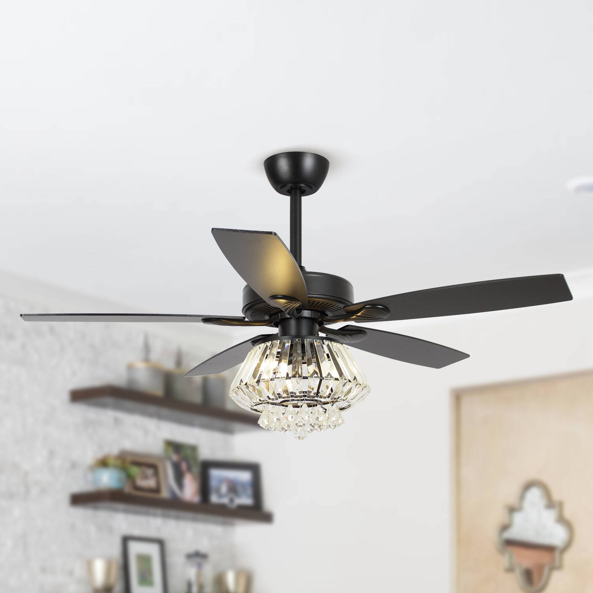 Angle. Parrot Uncle - 52" Modern Black 5-Blade Crystal Ceiling Fan with Remote Control - Black.