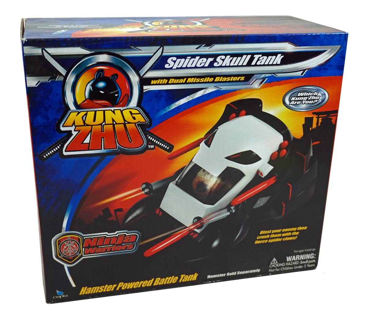 Sure, here is the corrected and grouped text from the image:

---

**KUNG ZHU**

**Spider Skull Tank with Dual Missile Blasters**

**Ninja Warriors**

**Hamster Powered Battle Tank**

**Which Kung Zhu Are You?**

**Blast your enemy then crush them with the fierce spider claws!**

**WARNING: CHOKING HAZARD - Small parts. Not for children under 3 years.**

**Hamster Sold Separately**

---

This text is organized to reflect the product's branding, features, and safety warning as seen on the packaging.