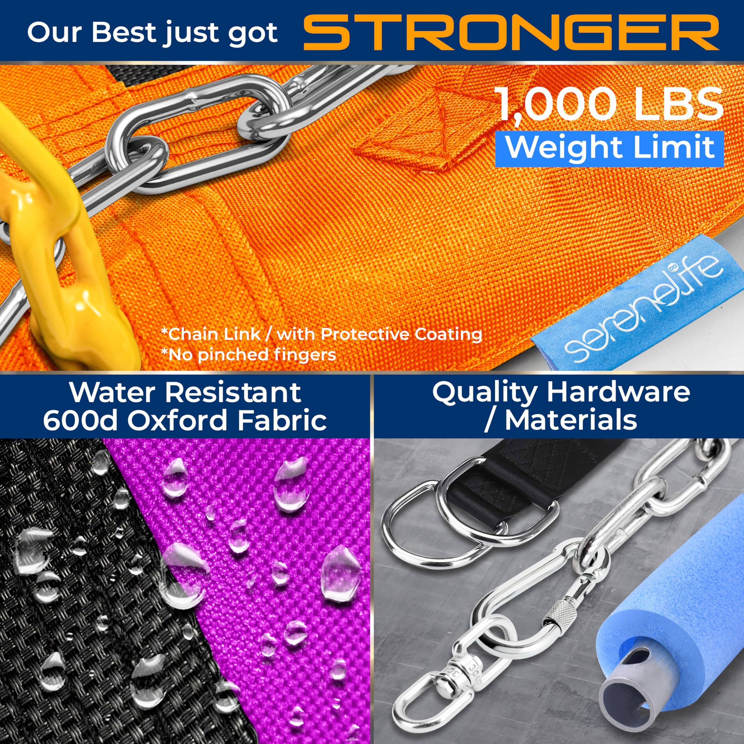 Our Best just got STRONGER

1,000 LBS Weight Limit

*Chain Link / with Protective Coating
*No pinched fingers

Water Resistant 600d Oxford Fabric

Quality Hardware / Materials