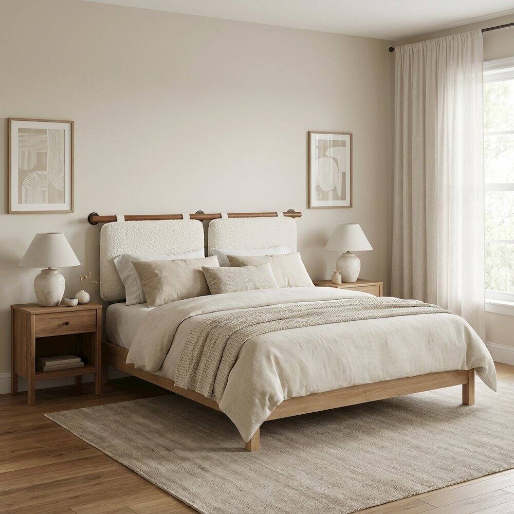 Left. FurniFact - Chenille Upholstered Wall-Mounted King Headboard with Soft Fabric Finish - Beige.