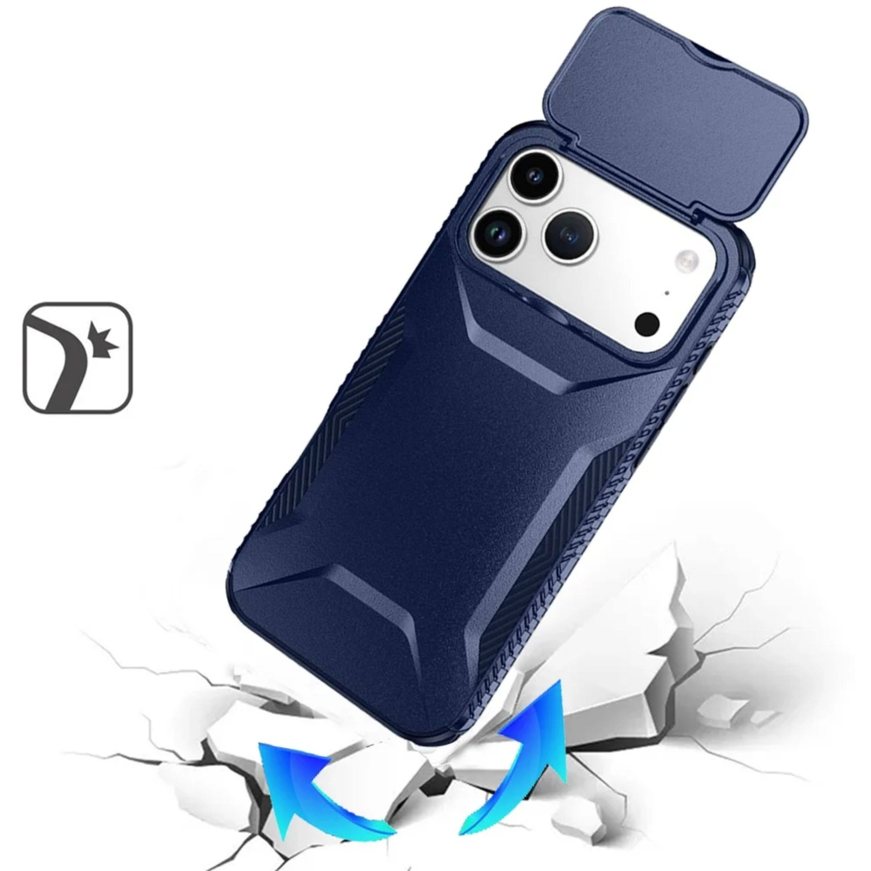 Left. Kitcheniva - Rugged Side Grip Sliding Lens Cover Plus Tempered Glass For iPhone 17 Pro Max Dark Blue - Dark Blue.