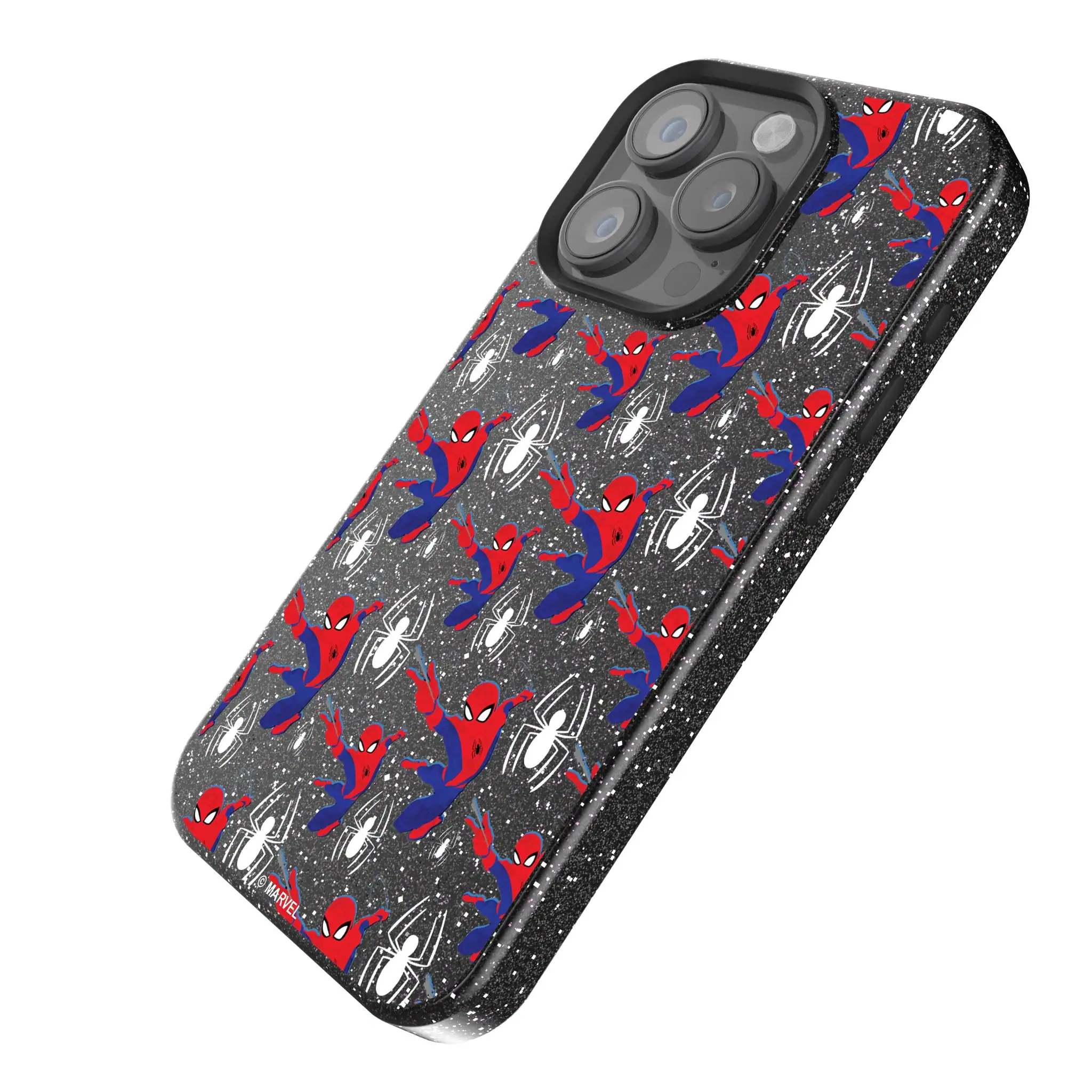 Angle. Keyscaper - Marvel Pattern Black Bling Phone Case - Apple iPhone 15 Plus - Spider-Man.