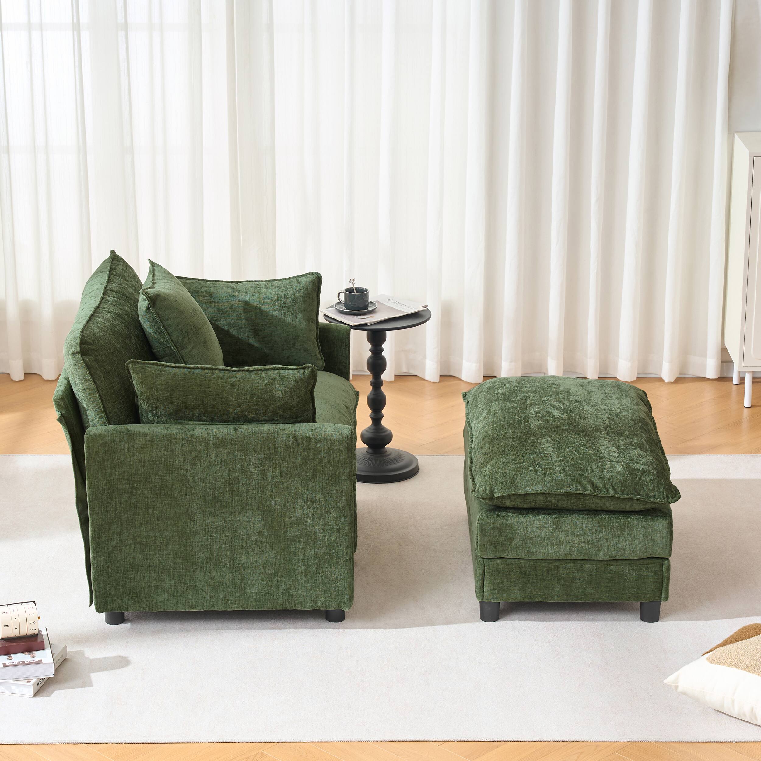 Alt View 4. Meqiodas - 39.4" Modern Accent Chair with Ottoman, Living Room Club Chair Chenille Upholstered Armchair , Reading Chair for Bedroom - Green.