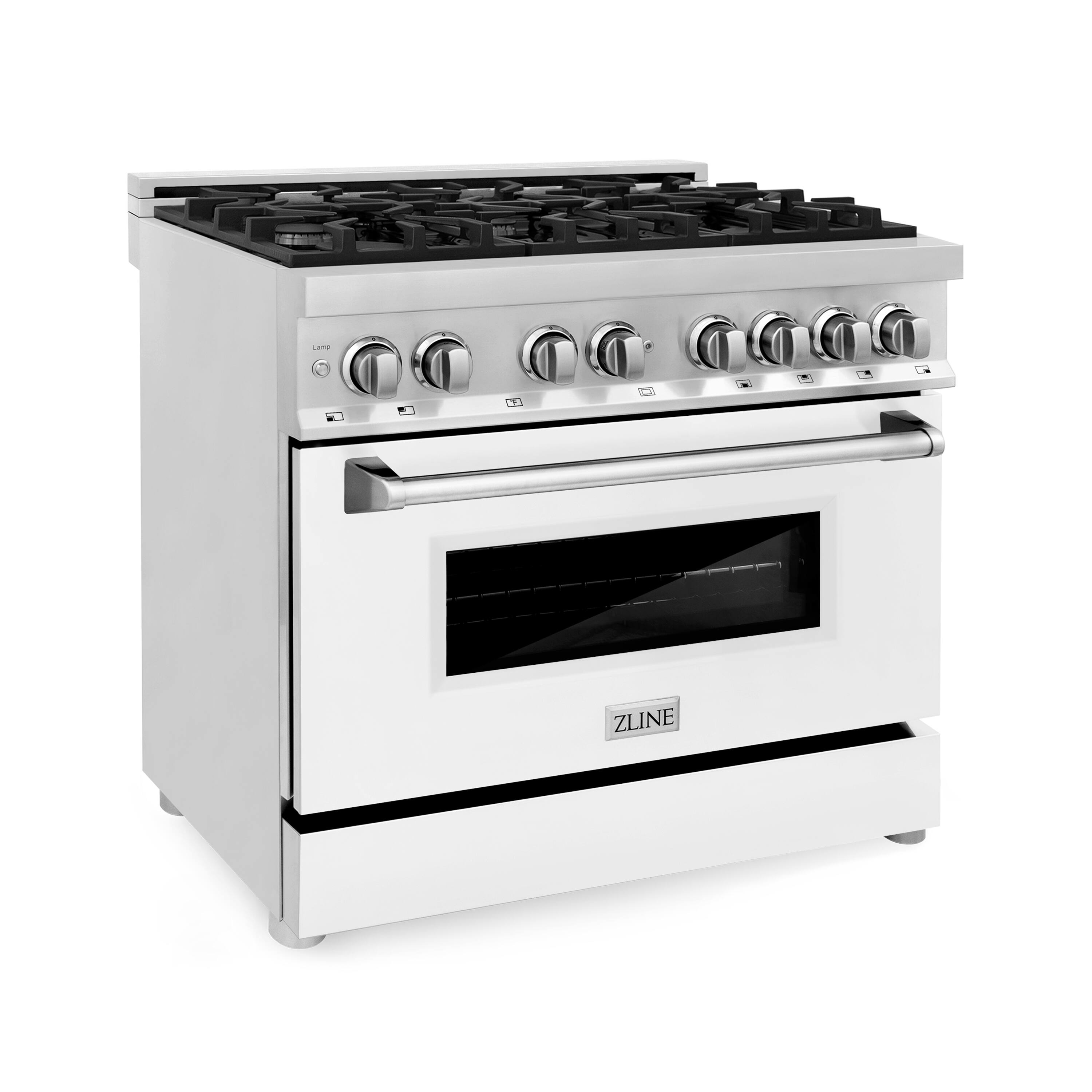 Angle. ZLINE - 36" Legacy Dual Fuel Range w/ 6 Burner Cooktop & Electric Oven w/ White Matte Door (RA-WM-36) - Matte White.