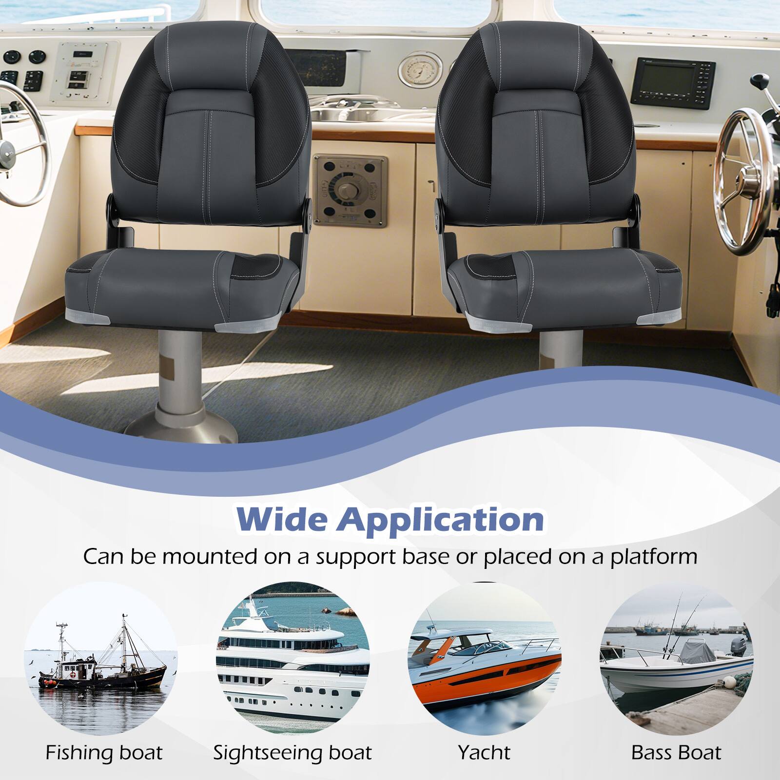 Wide Application  
Can be mounted on a support base or placed on a platform  

- Fishing boat  
- Sightseeing boat  
- Yacht  
- Bass Boat