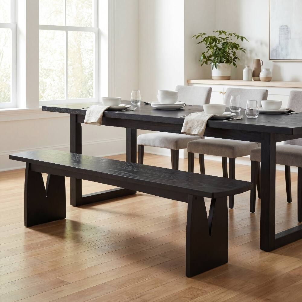 Angle. Ropilly - Ropilly Black Modern Dining Bench Long Entryway Bench Acacia Legs High Capacity for Kitchen Living Room - Black.