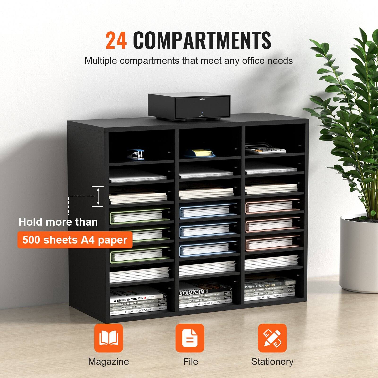 24 COMPARTMENTS  
Multiple compartments that meet any office needs  

Hold more than 500 sheets A4 paper  

Magazine  
File  
Stationery
