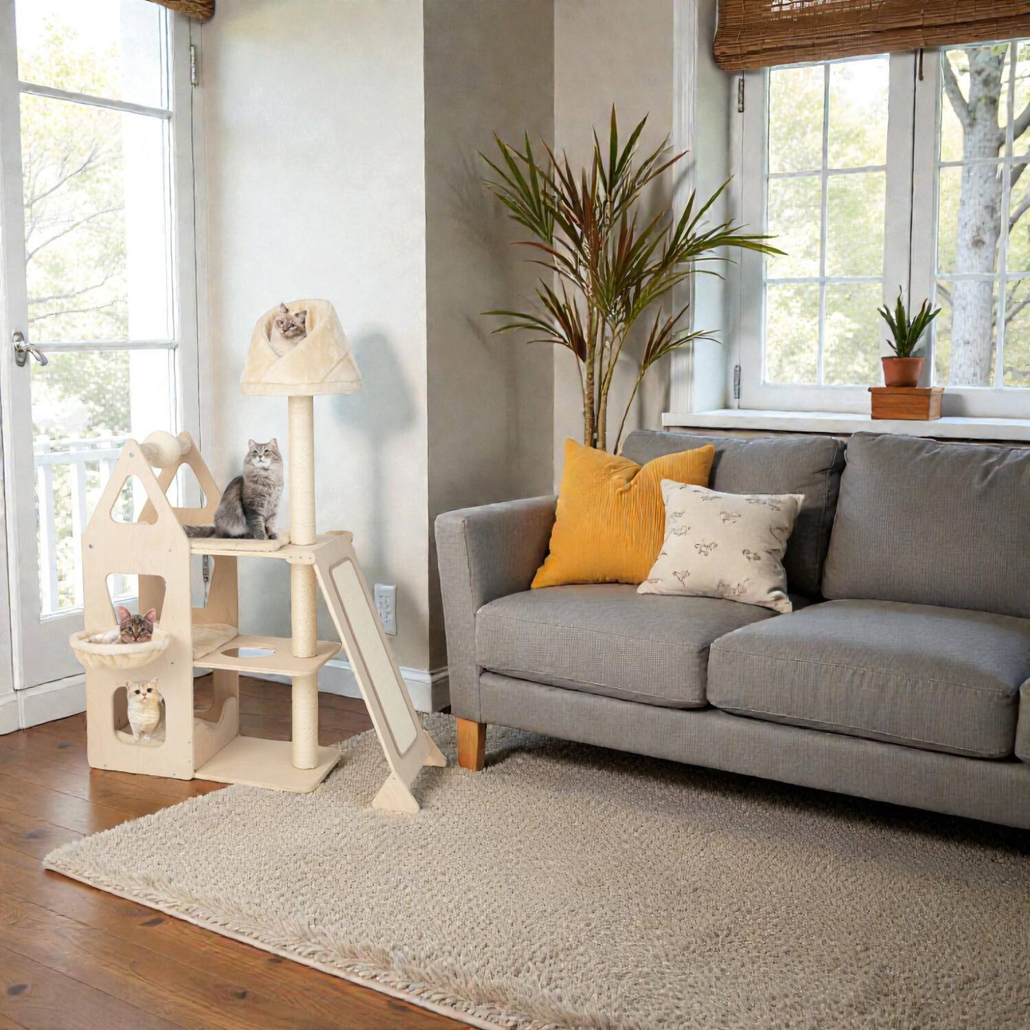Front. BreeBe - Multi-Tier Cat Tower with Sisal-Covered Scratching Posts - Beige.
