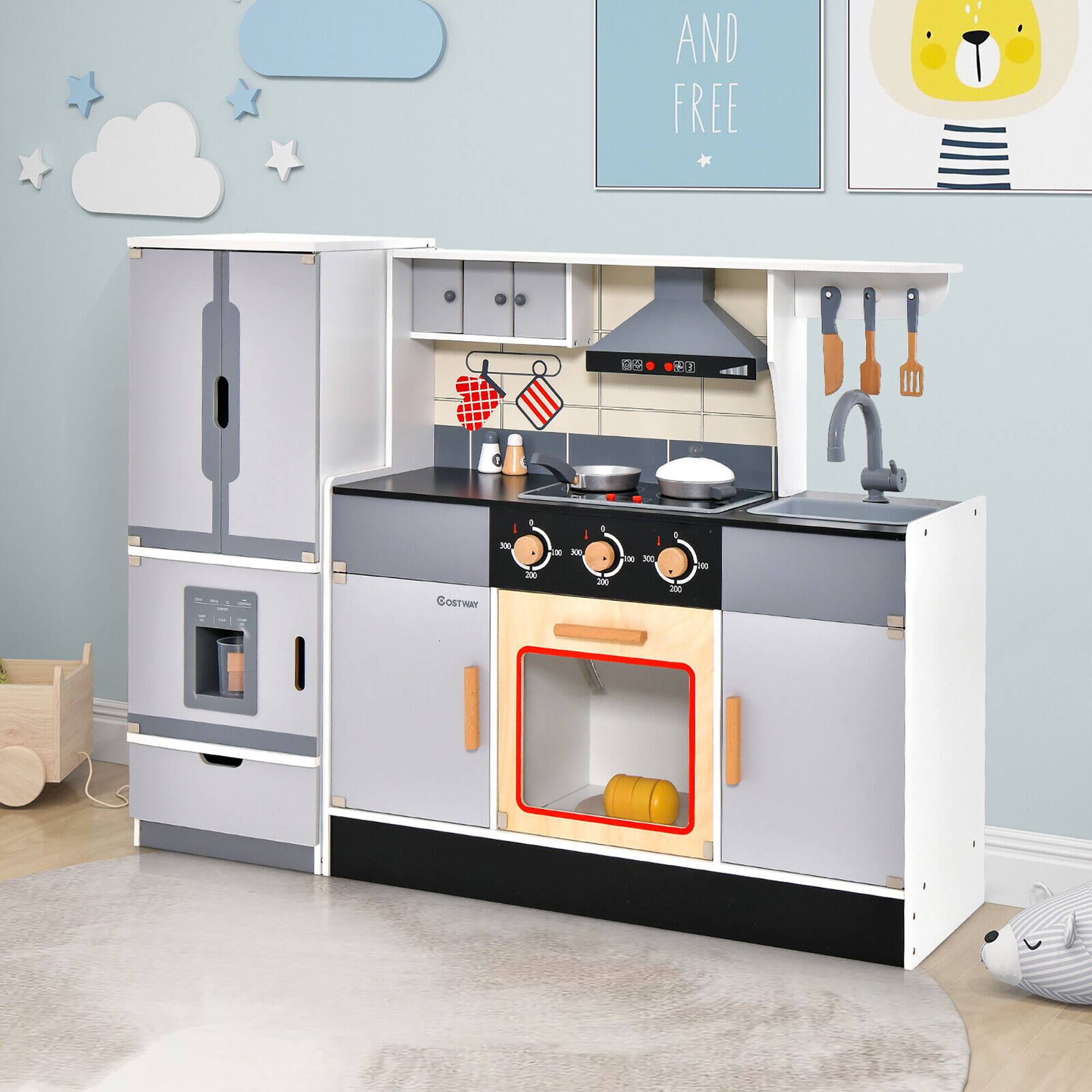 Gymax Kids Wooden Pretend Play Kitchen Toddlers Toy with