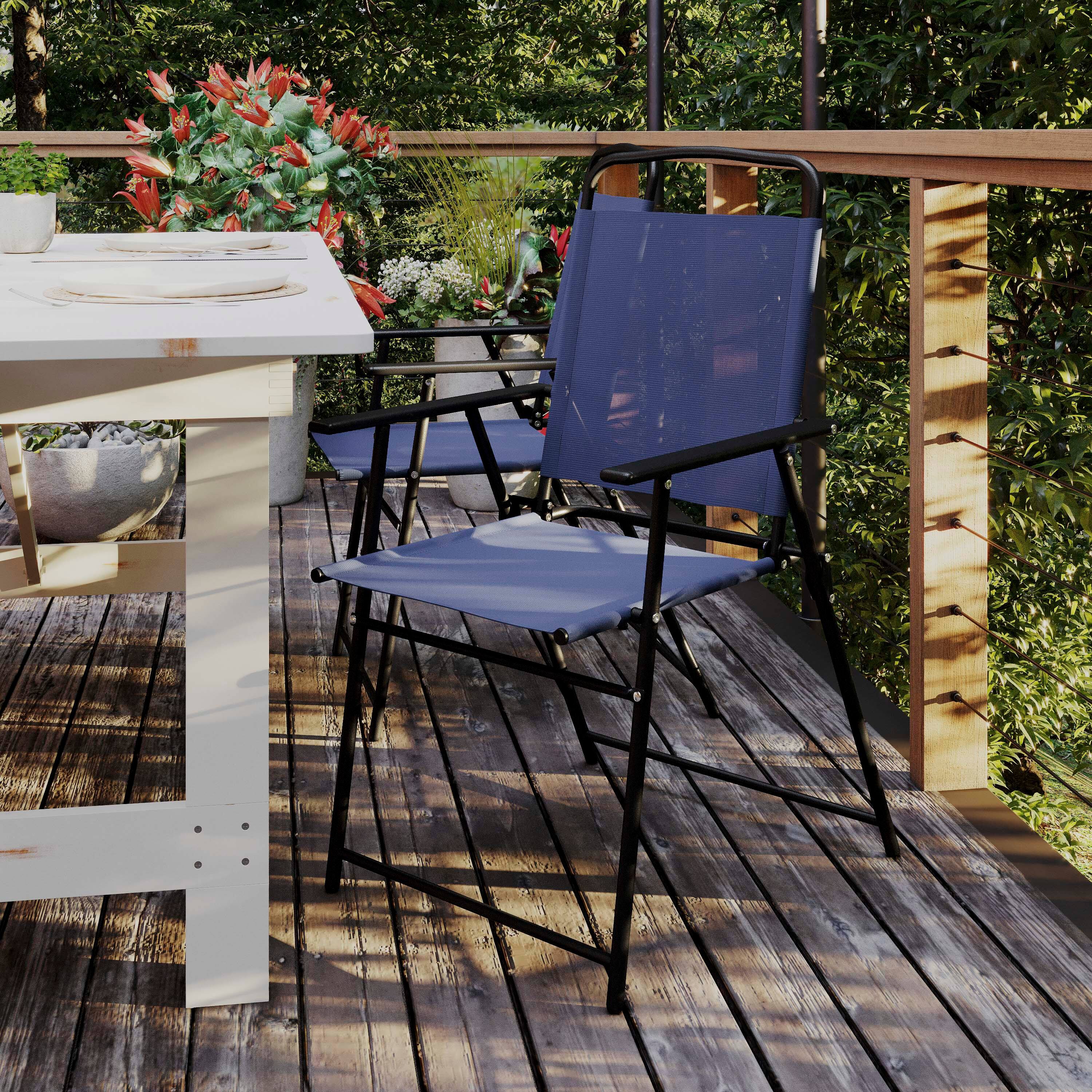 Alt View 2. Flash Furniture - Set of 2 Mystic Folding Patio Sling Chairs, Outdoor Textilene Lawn Chairs with Armrests in Navy - Blue.