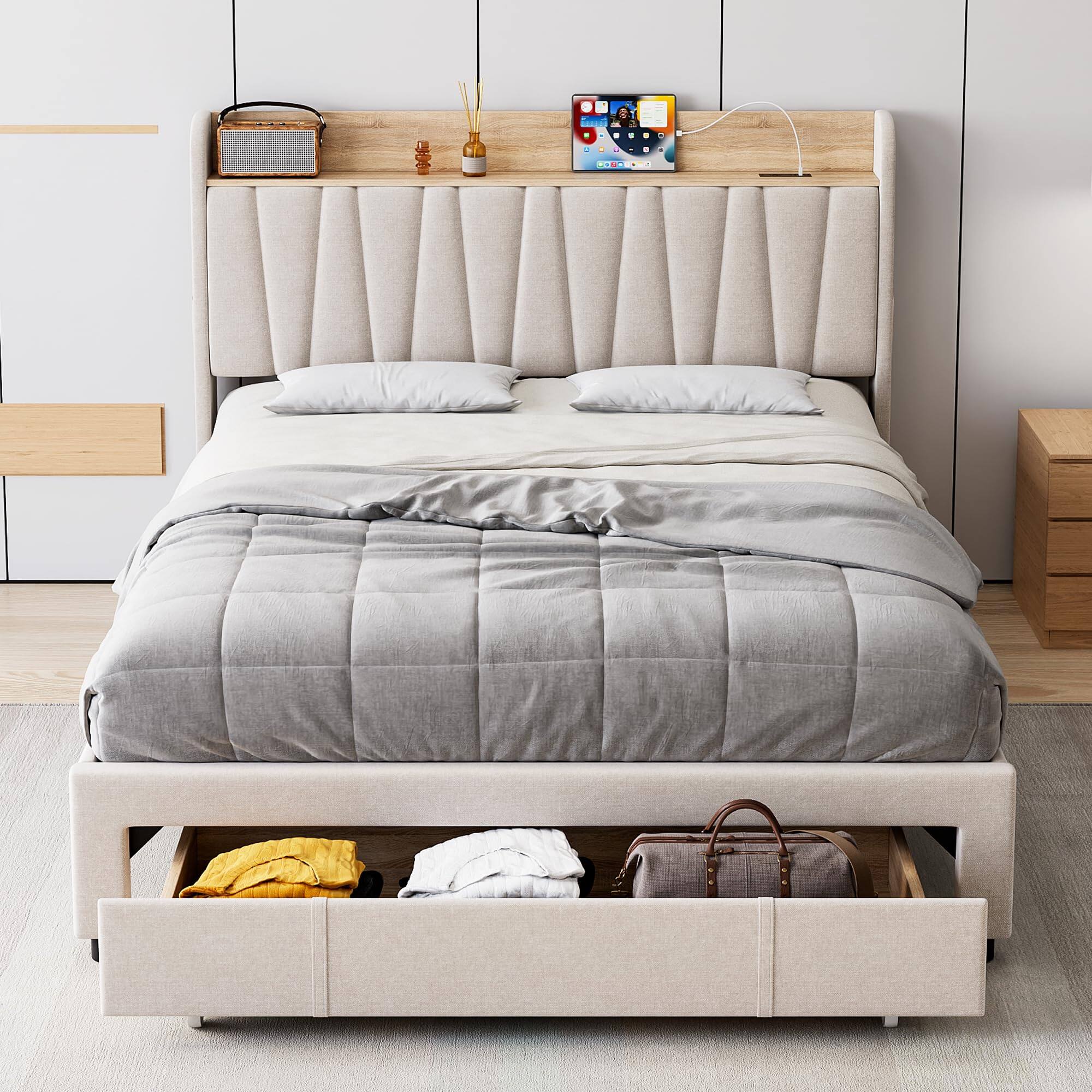 Left. Jojoka - Full Size Upholstered Bed Frame with Storage Headboard and Charging Station, Platform Bed Frame with Drawers - Beige.