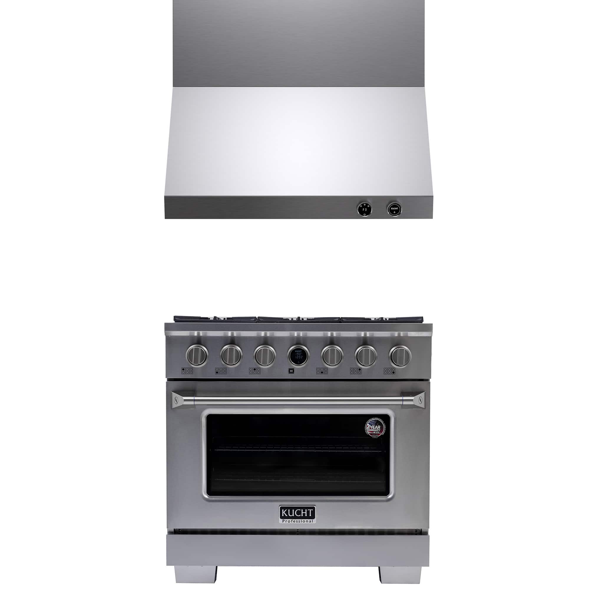 Kucht - 36 in. 5.2 cu. ft. 6 Burners Dual Fuel Range for Natural Gas in Stainless Steel + Wall Mount Range Hood - Stainless Steel