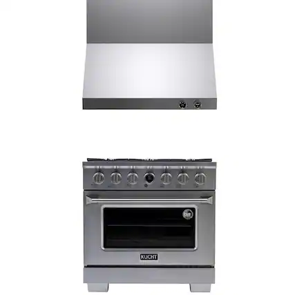 Front. Kucht - 36 in. 5.2 cu. ft. 6 Burners Dual Fuel Range for Propane Gas in Stainless Steel + Wall Mount Range Hood - Stainless Steel.