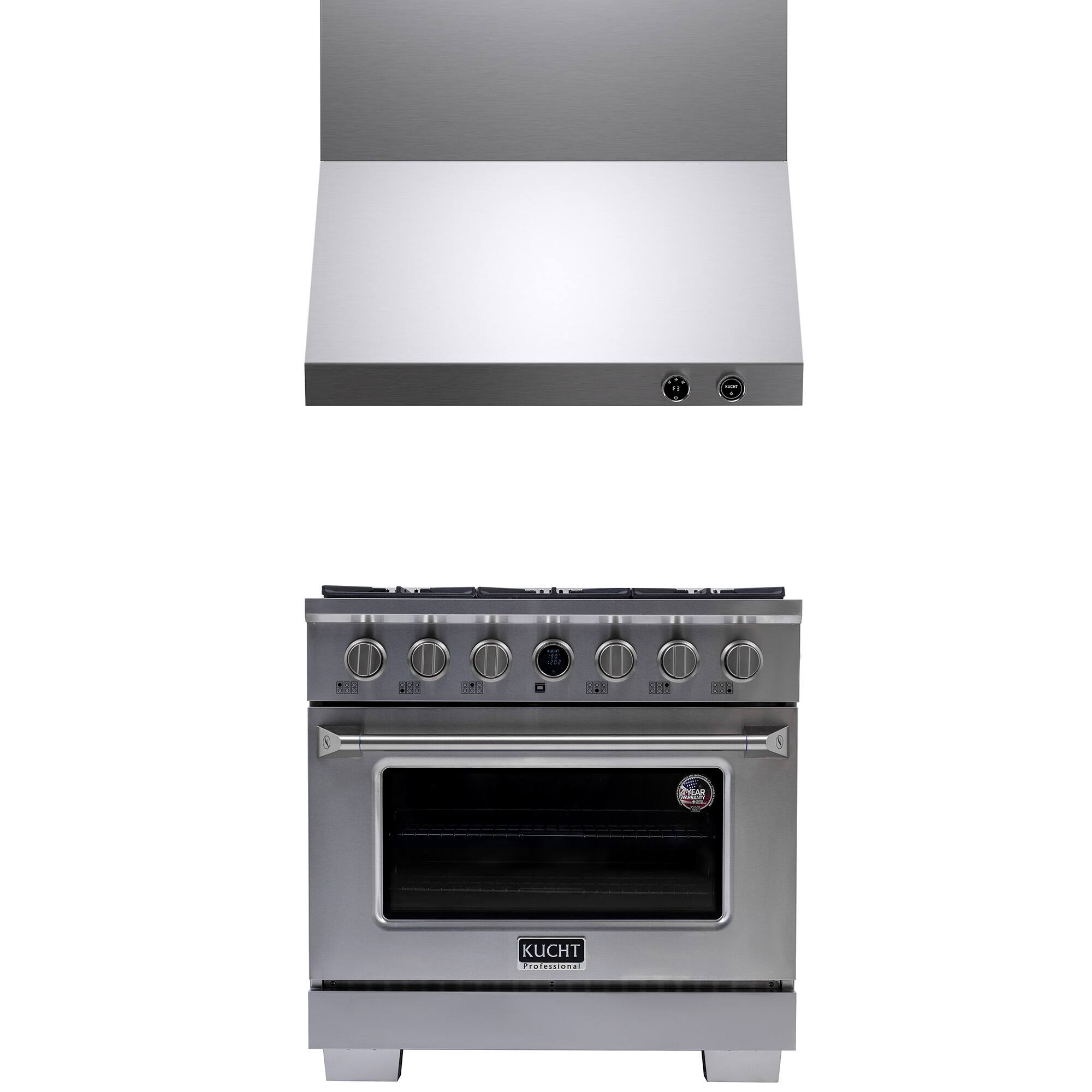 Front. Kucht - 36 in. 5.2 cu. ft. 6 Burners Dual Fuel Range for Natural Gas in Stainless Steel + Wall Mount Range Hood - Stainless Steel.