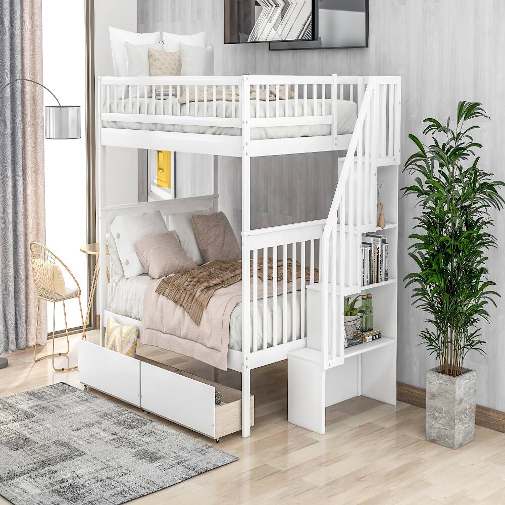 Back. Loheer - Loheer Full Over Full Bunk Bed with Drawers White Pine Wood Storage - White.