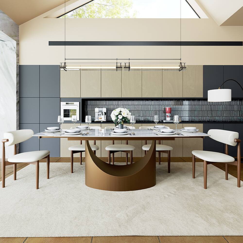 Left. POVISON - 71"-95"Extendable Modern White Dining Table for 6-10,Rectangular Glossy Sintered Stone Tabletop,Bronze Carbon Steel Leg - Glossy White Sintered Stone with Bronze.