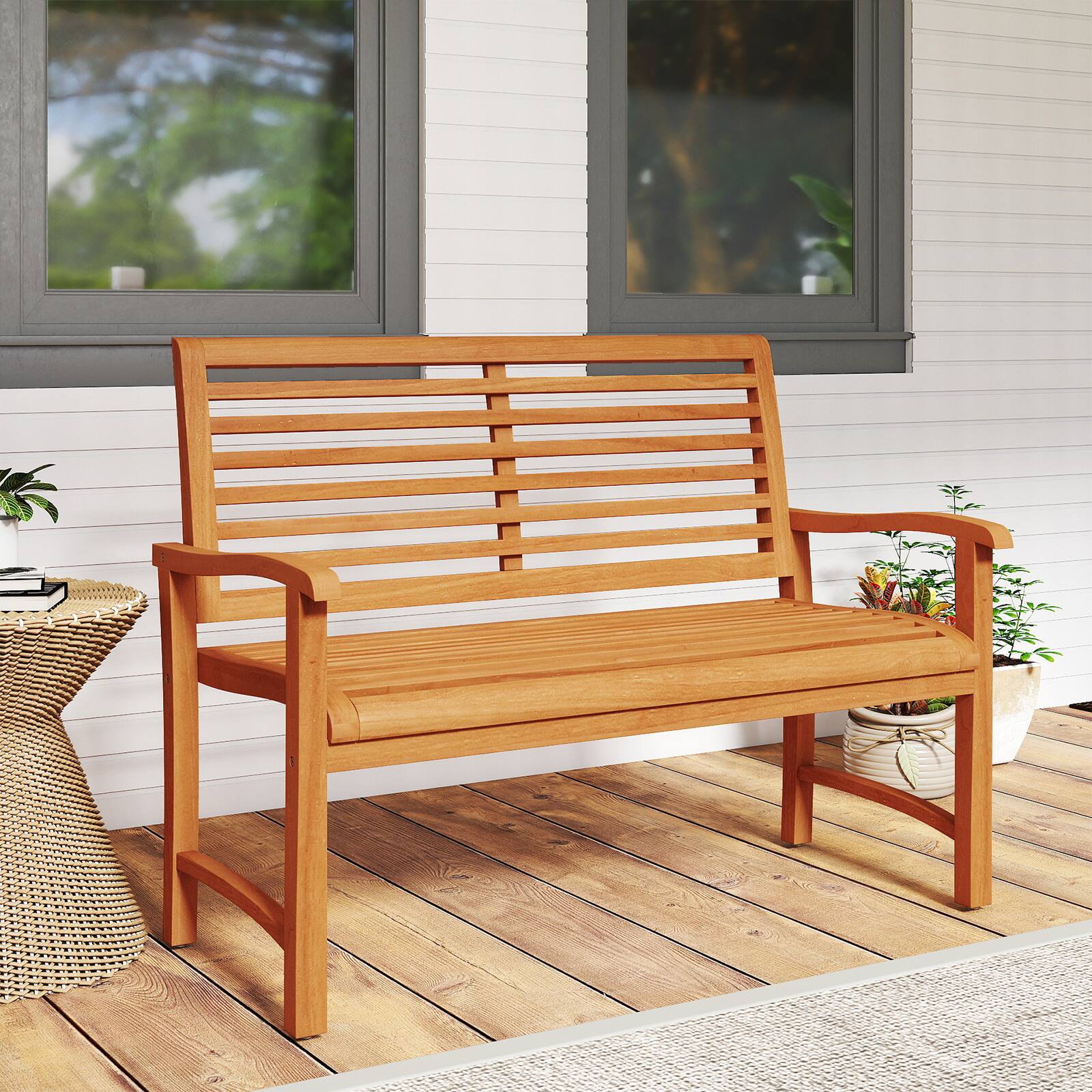 Alt View 1. Gymax - Gymax Teak Wood Outdoor Garden Bench w/800 lbs Capacity Slatted Backrest Seat Armrests - Yellow.