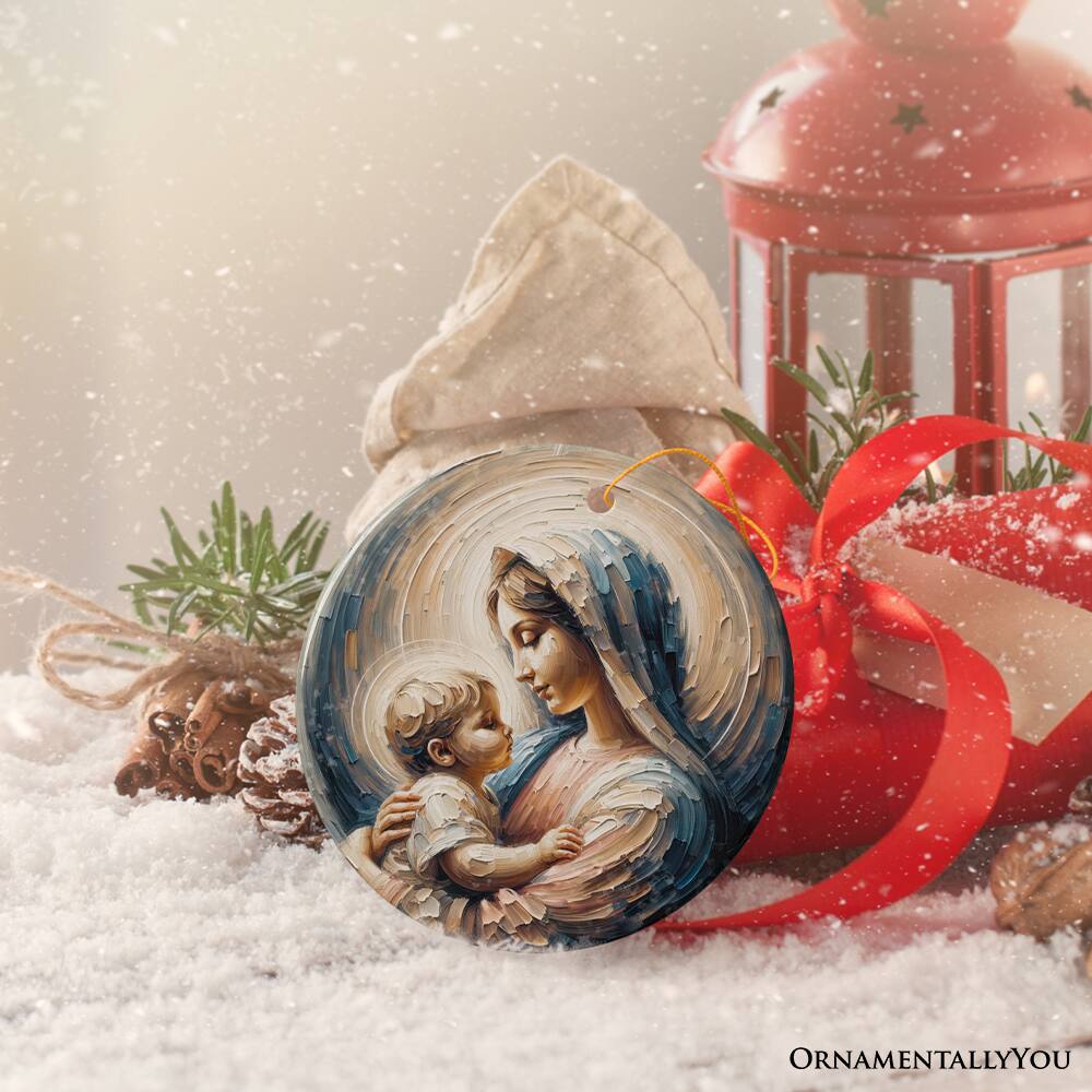 Back. OrnamentallyYou - Virgin Mary and Baby Jesus Gentle Embrace Ceramic Ornament Iconic Oil Painting Gift And Decor - Multi-colored.