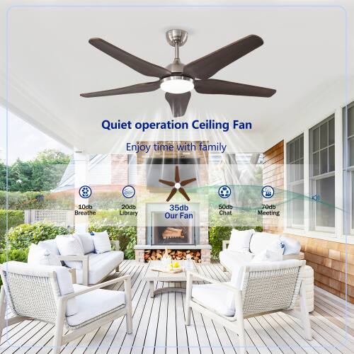 Quiet operation Ceiling Fan  
Enjoy time with family  
10db Breathe  
20db Library  
35db Our Fan  
50db Chat  
70db Meeting