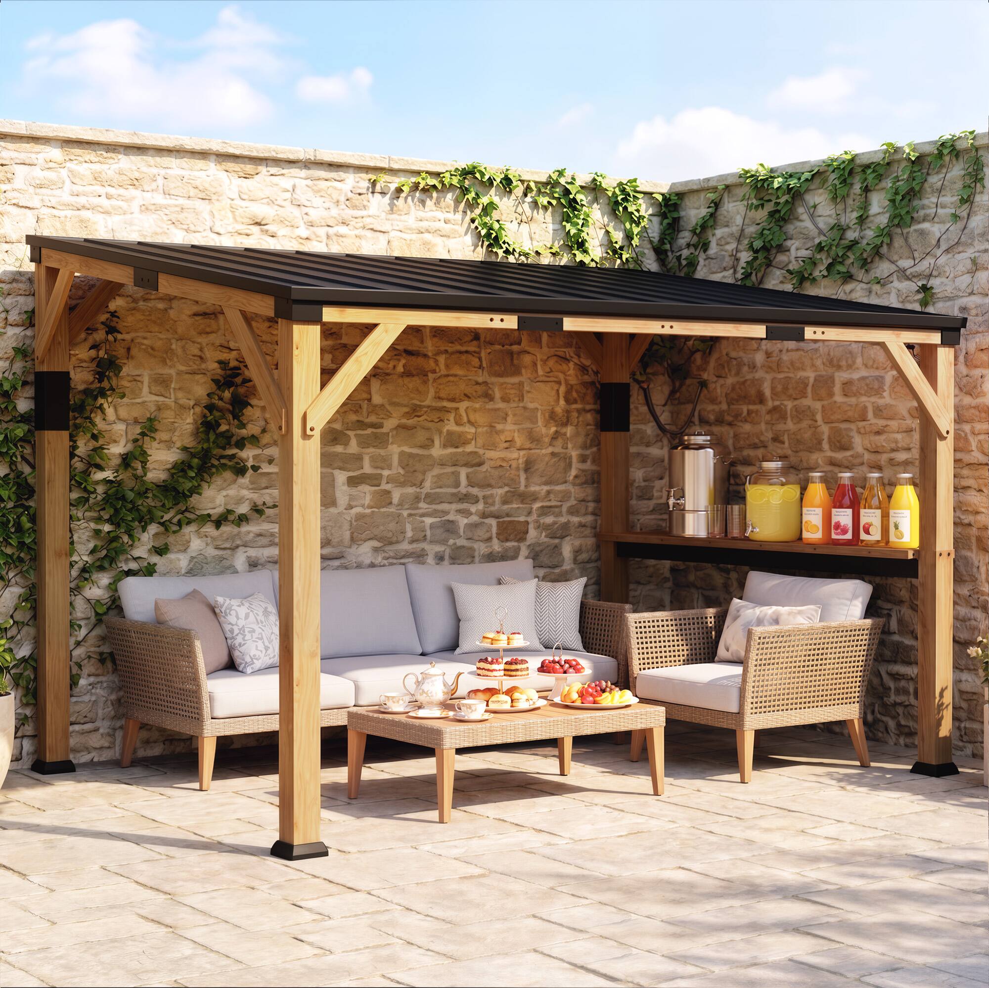 Alt View 1. Outsunny - x 14' Wooden Gazebo, Hardtop Lean-to Gazebo Pergola with Galvanized Steel Sloped Roof, Bar Shelf.