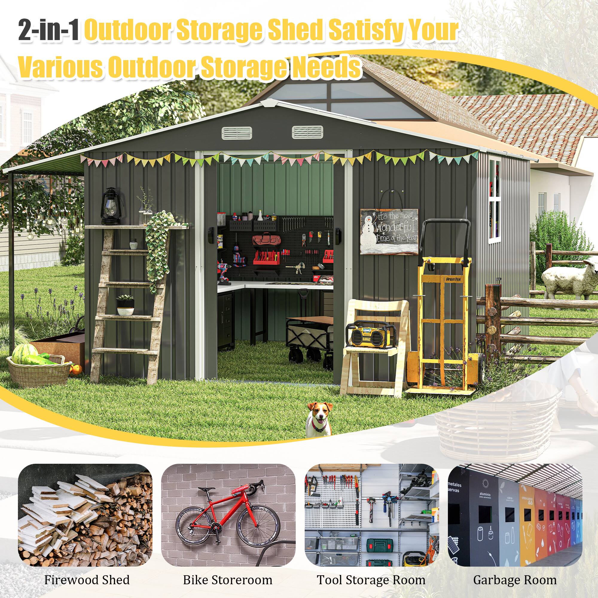 Left. TinyHomie - 10x12 FT Outdoor Storage Shed Extra Large Metal Shed with Lockable Doors Windows Outside Steel Tiny House.