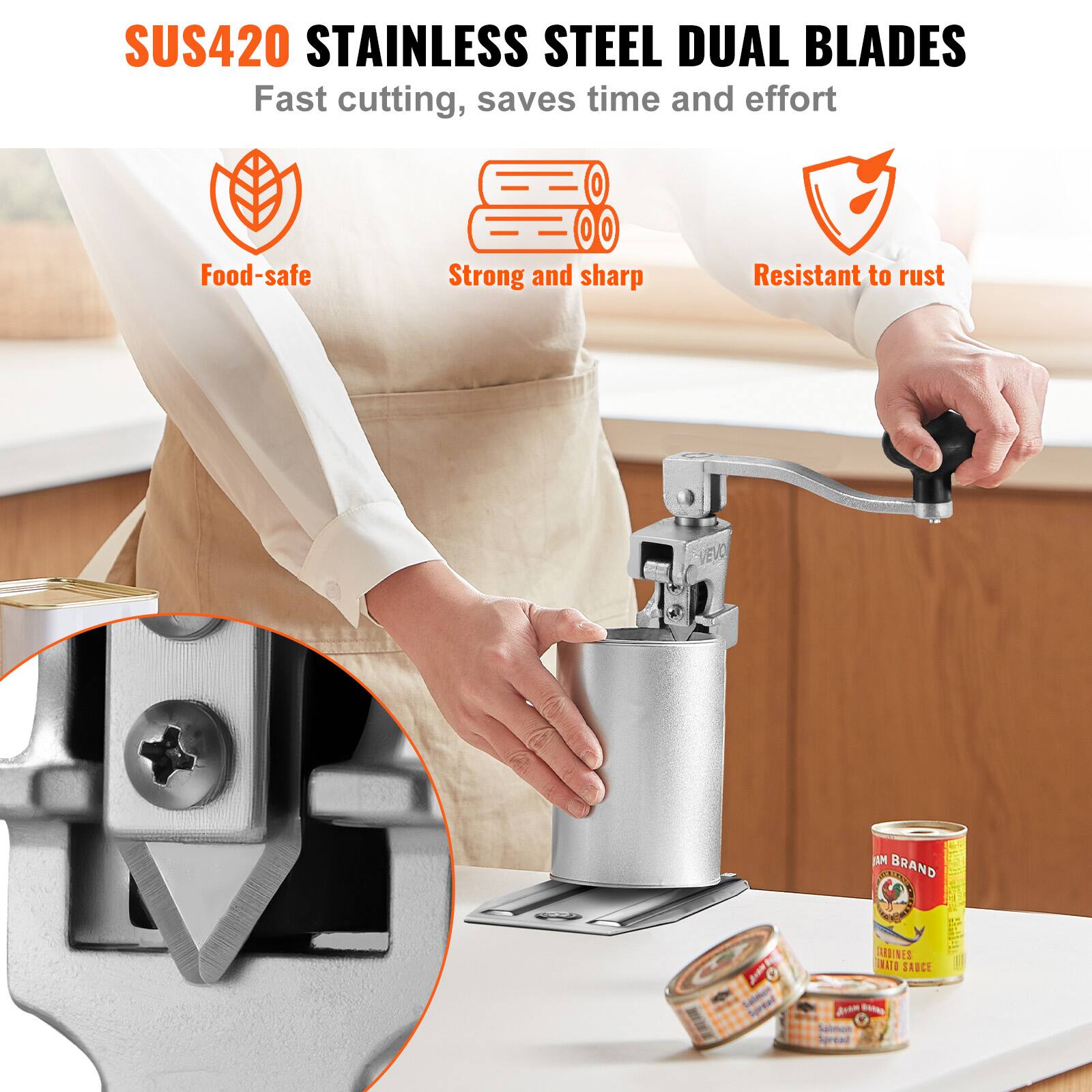 SUS420 STAINLESS STEEL DUAL BLADES  
Fast cutting, saves time and effort  
Food-safe  
Strong and sharp  
Resistant to rust  

VEVO JIM BRAND  
C I O Sorder  
CURDINES  
BIS TNMN SAUCE  
am - Salmon Sprea