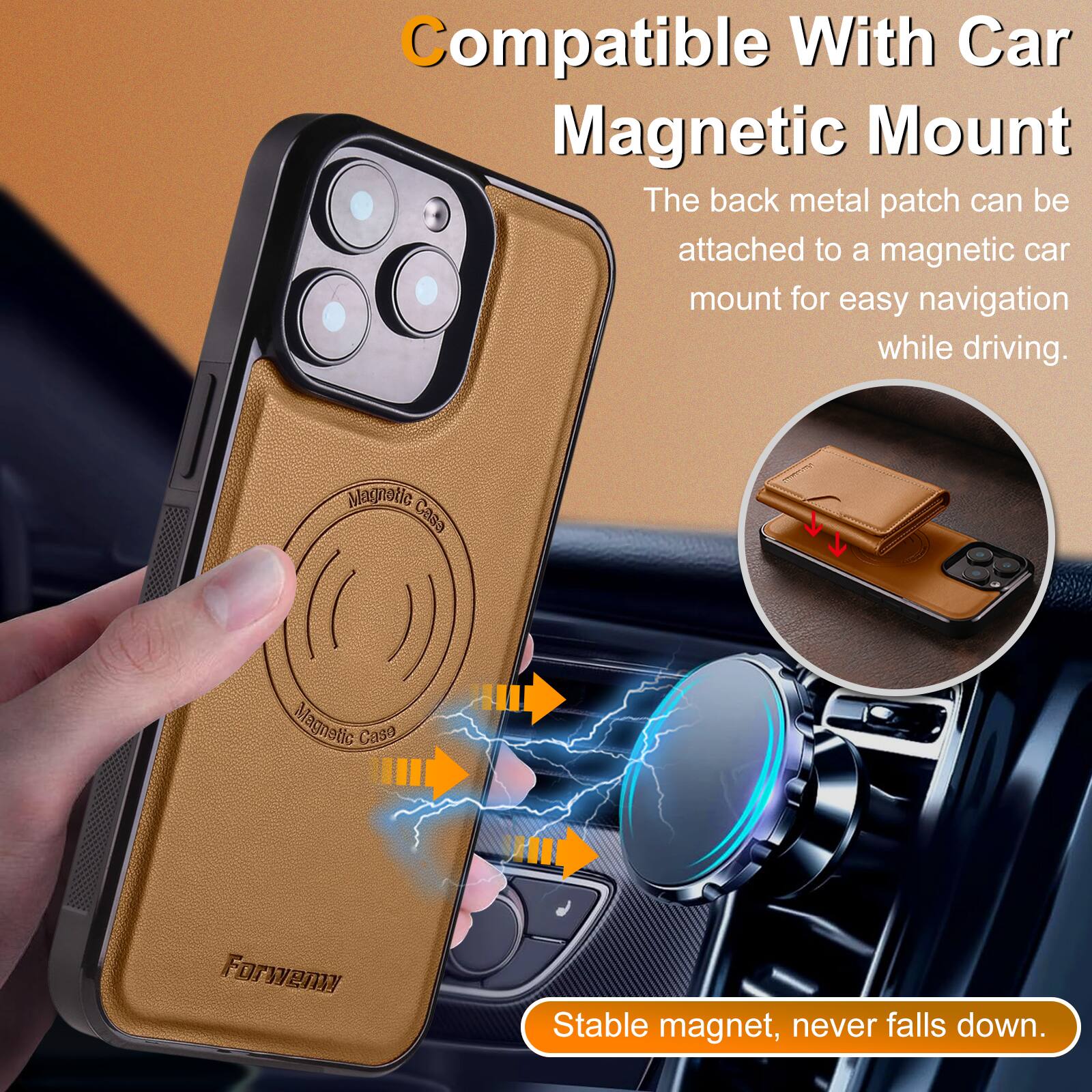 Compatible With Car Magnetic Mount  
The back metal patch can be attached to a magnetic car mount for easy navigation while driving.  
Stable magnet, never falls down.