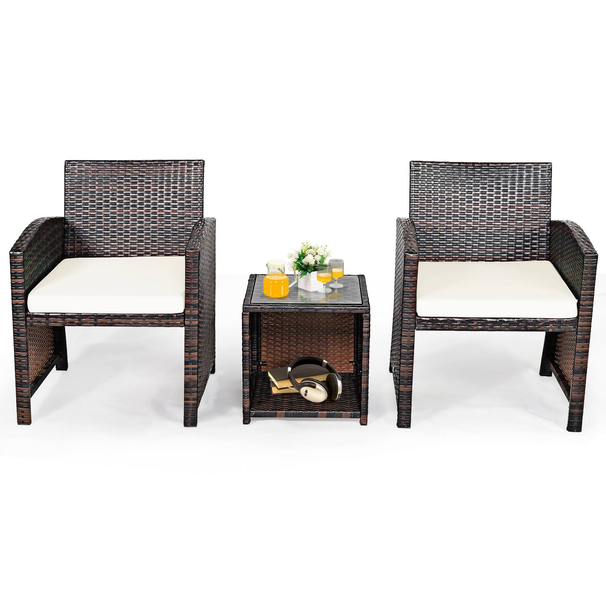 Alt View 5. Gymax - Gymax 3PCS Rattan Patio Conversation Furniture Set Yard Outdoor w/ White Cushions - White.