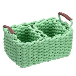 Unique Bargains - 3pcs Woven Basket Cotton Rope Storage Baskets with PU Handle, Gift Chest Box, for Shelf Organizing Home Decor Nursery - Green