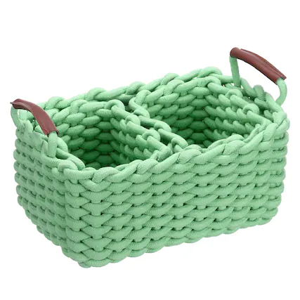 Front. Unique Bargains - 3pcs Woven Basket Cotton Rope Storage Baskets with PU Handle, Gift Chest Box, for Shelf Organizing Home Decor Nursery - Green.