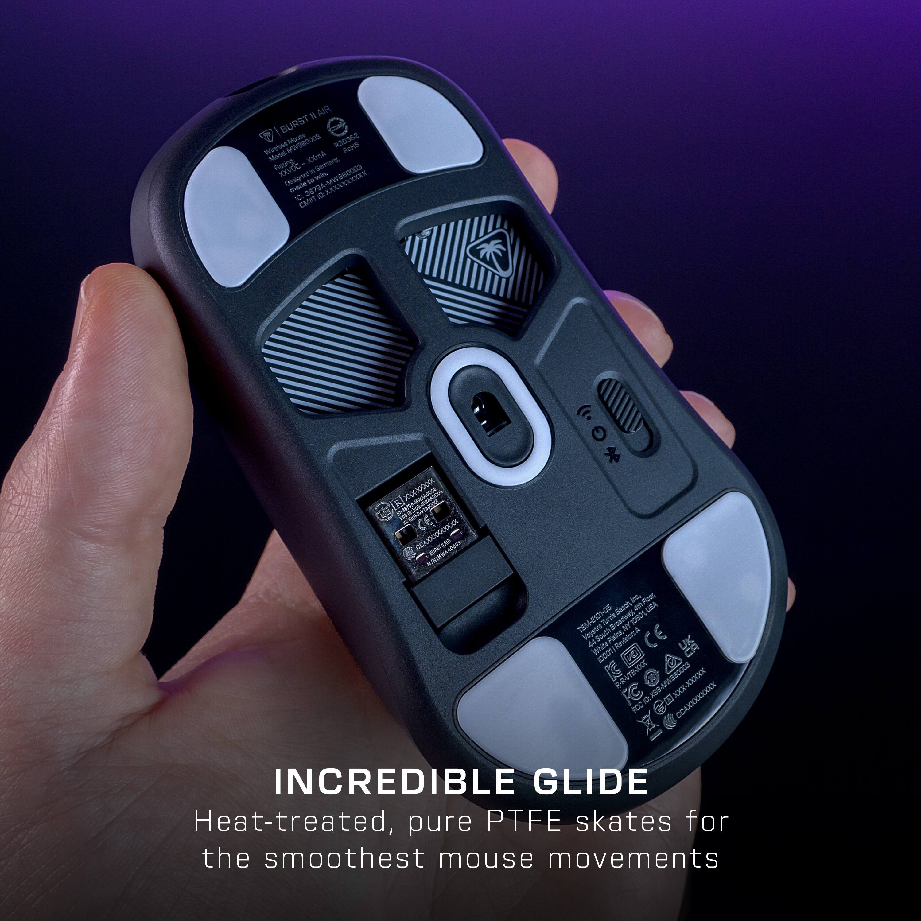 The text on the image reads: "Incredible Glide. Heat-treated, pure PTFE skates for the smoothest mouse movements."
