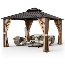 Gymax - 12' x 12' Double-Roof Hardtop Gazebo with Galvanized Steel Roof Netting Curtains - Tan