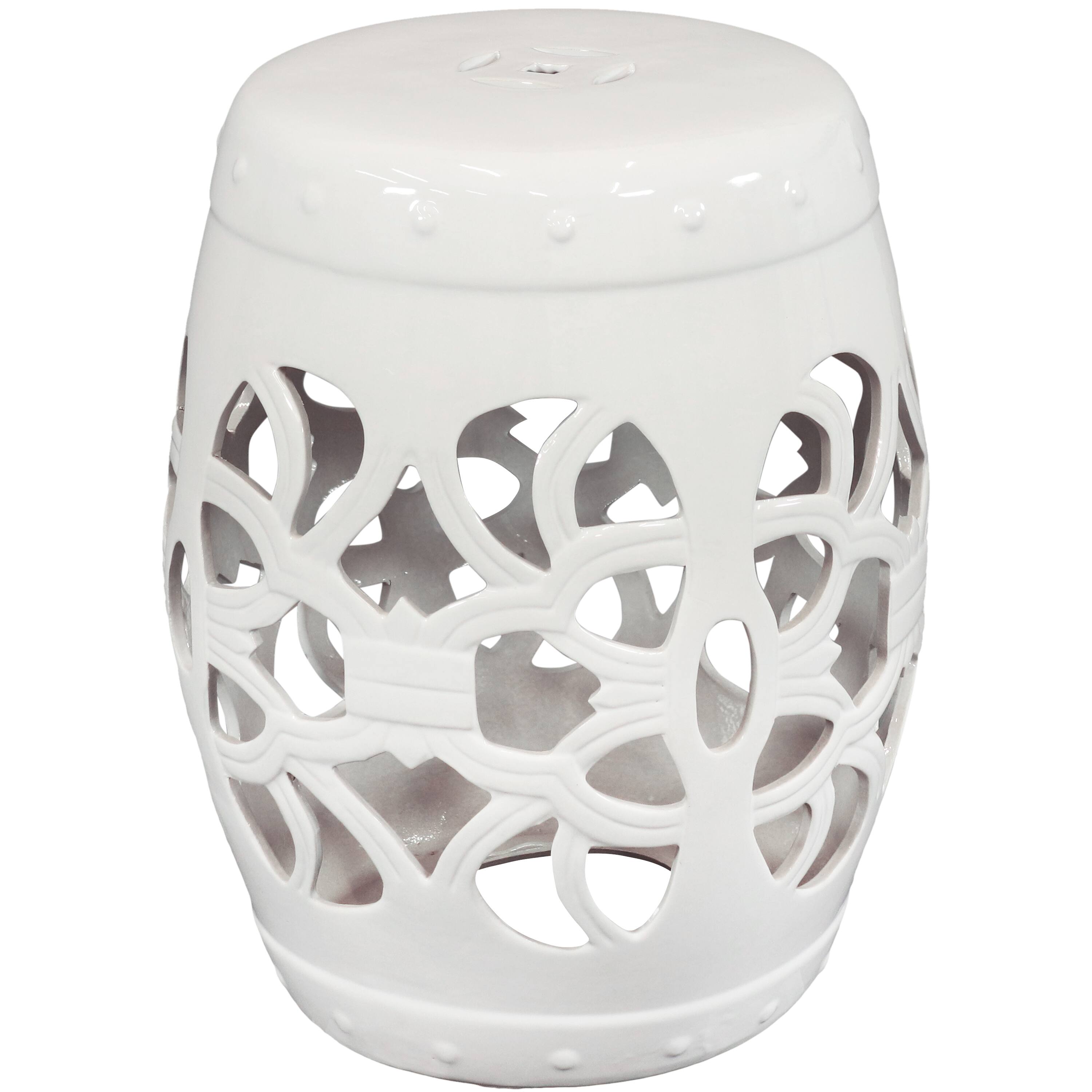 Alt View 10. Sunnydaze - 18 in Knotted Quatrefoil Ceramic Glaze Garden Stool - White.