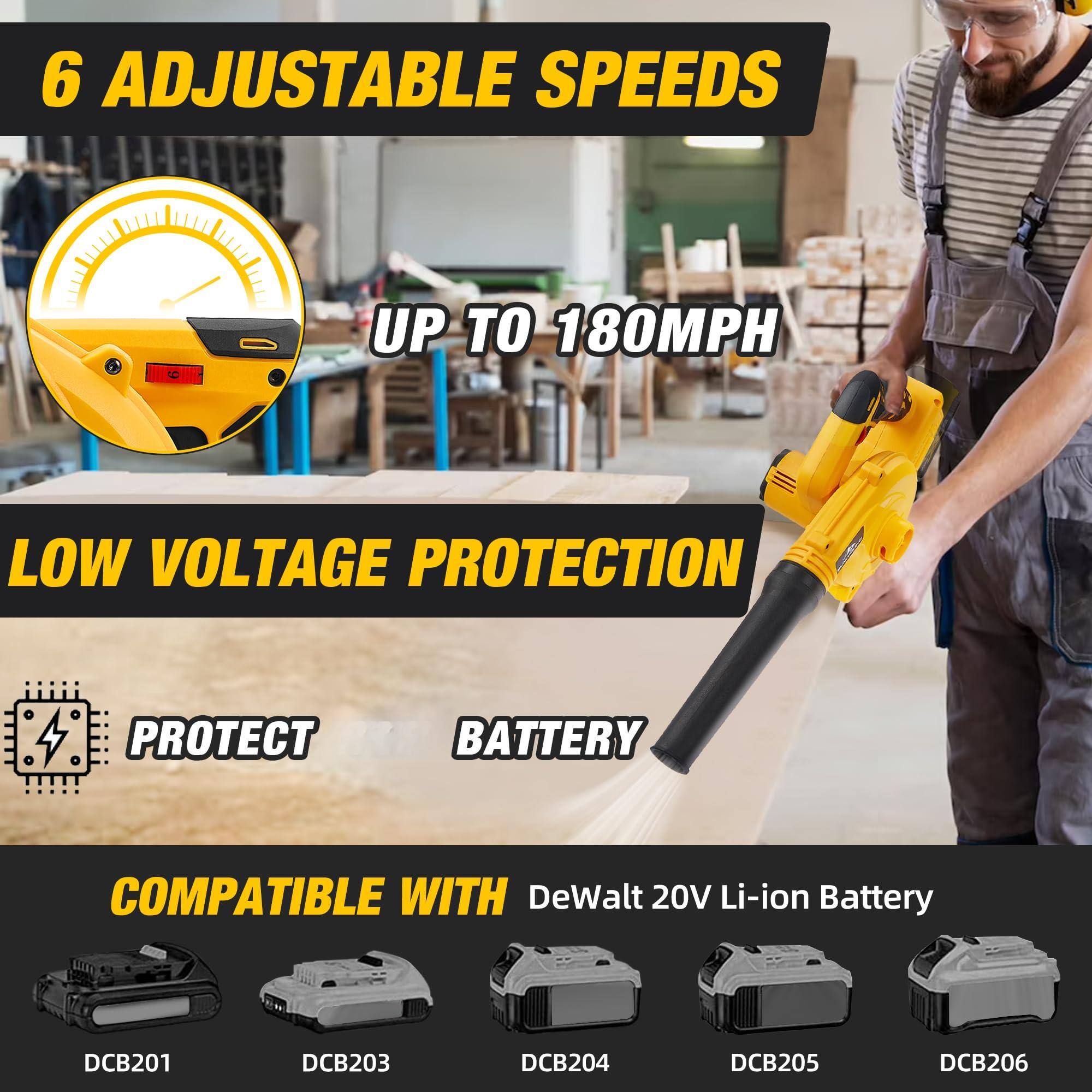 6 Adjustable Speeds  
Up to 180MPH  

Low Voltage Protection  
Protect Battery  

Compatible with DeWalt 20V Li-ion Battery  
DCB201 DCB203 DCB204 DCB205 DCB206