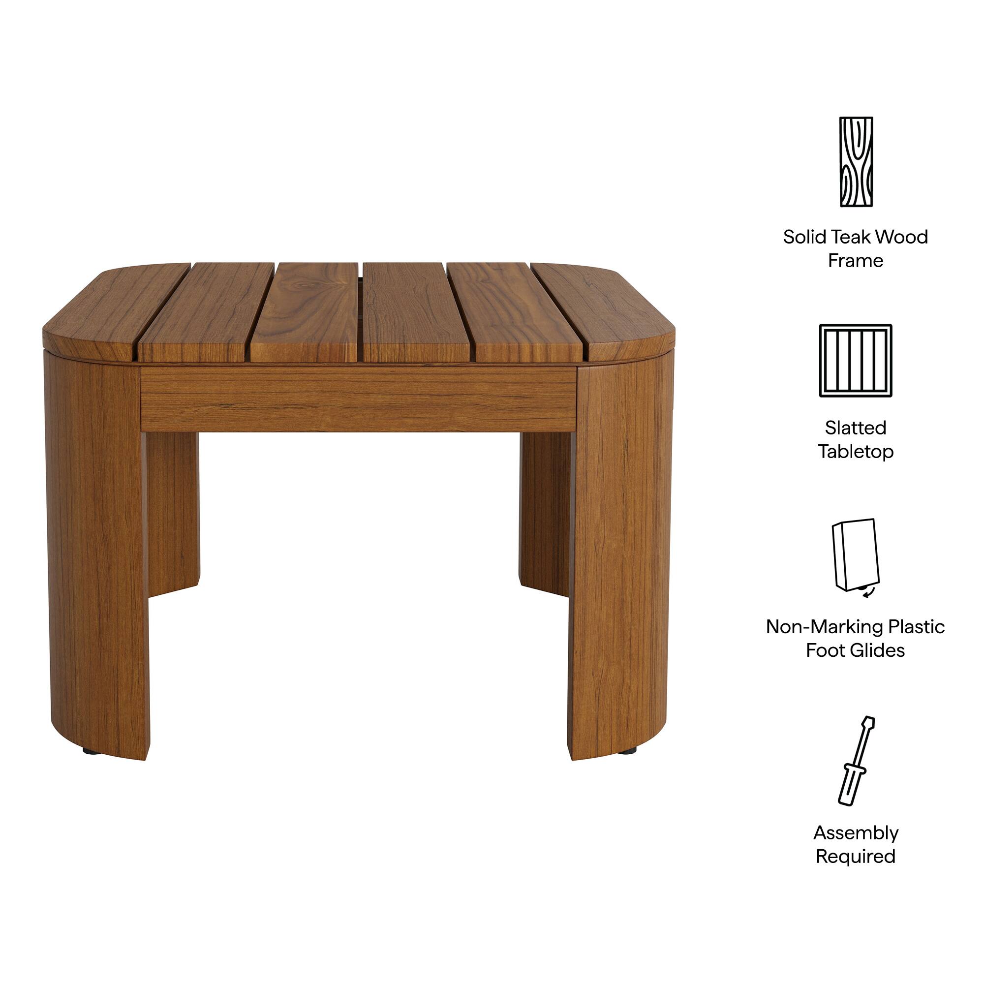 Solid Teak Wood Frame  
Slatted Tabletop  
Non-Marking Plastic Foot Glides  
Assembly Required
