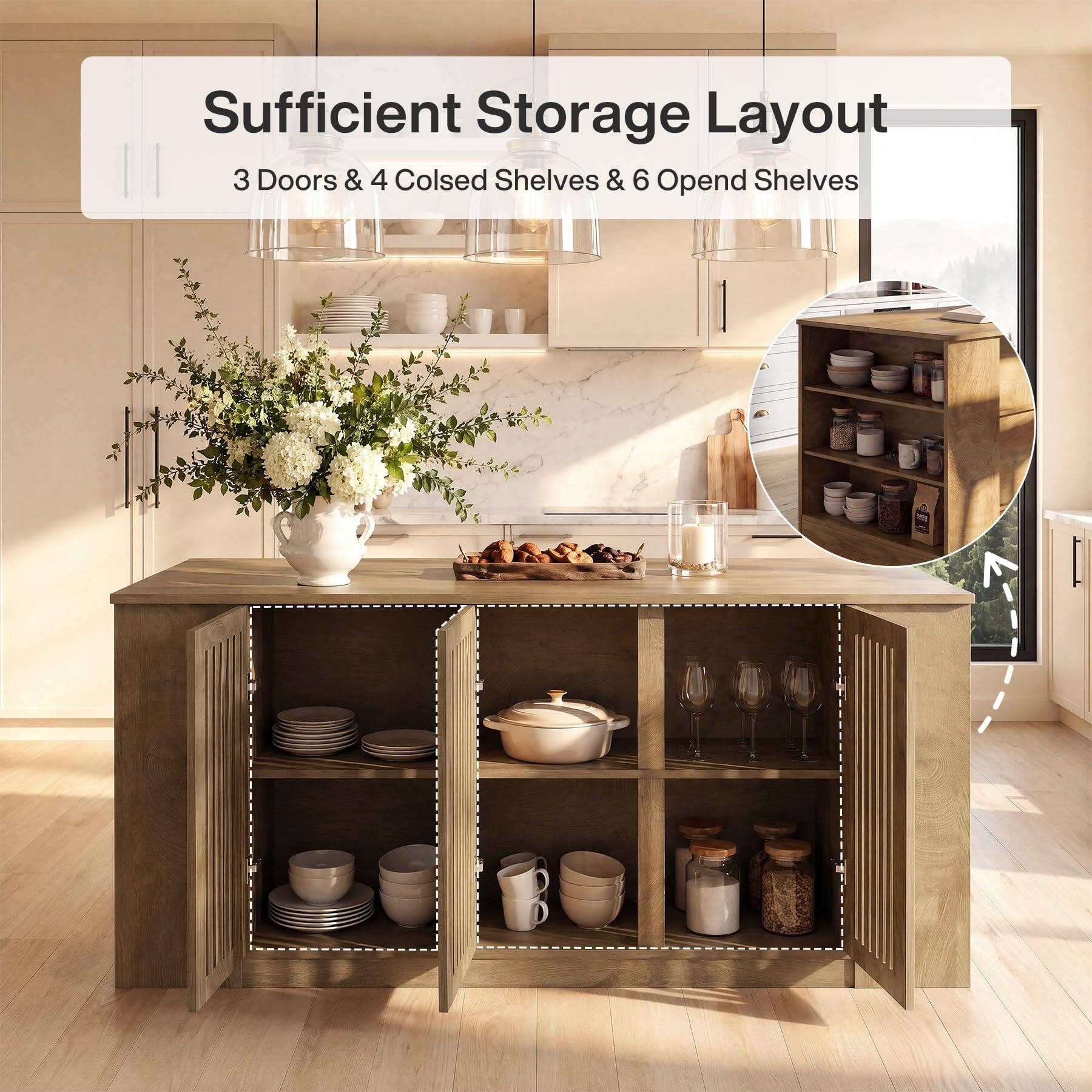 Sufficient Storage Layout  
3 Doors & 4 Closed Shelves & 6 Open Shelves