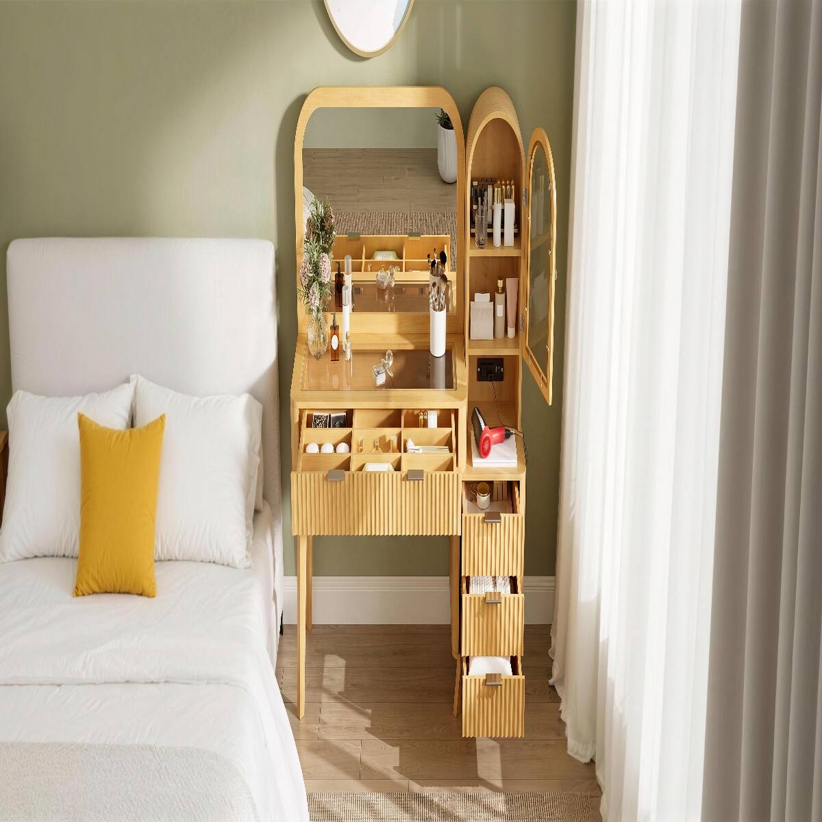 Alt View 8. Loheer - Loheer 48 inch makeup vanity desk with large 32 inch mirror, fluted design and charging station - Natural.