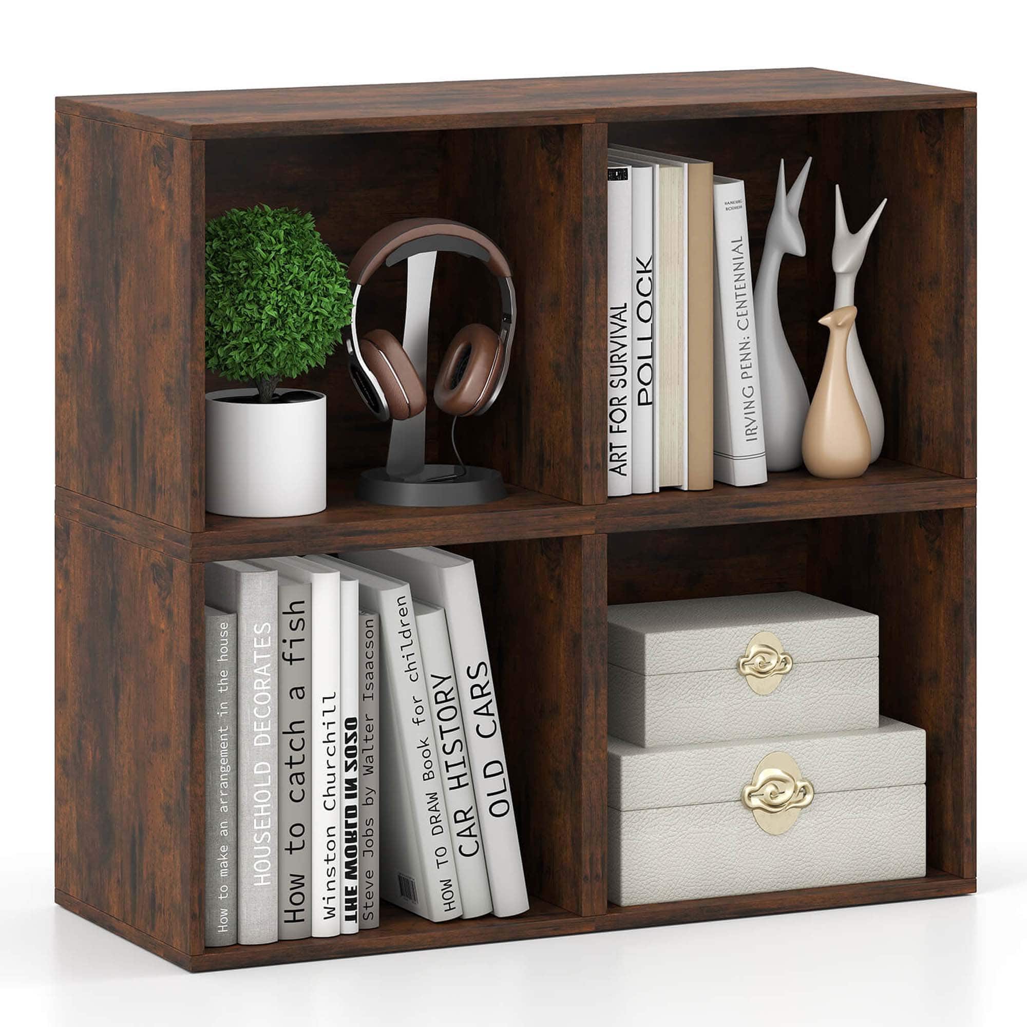 Costway - 4 PCS Wooden Cube Storage Organizer Stackable Open Book Shelf for Small Space Brown - Rustic Brown