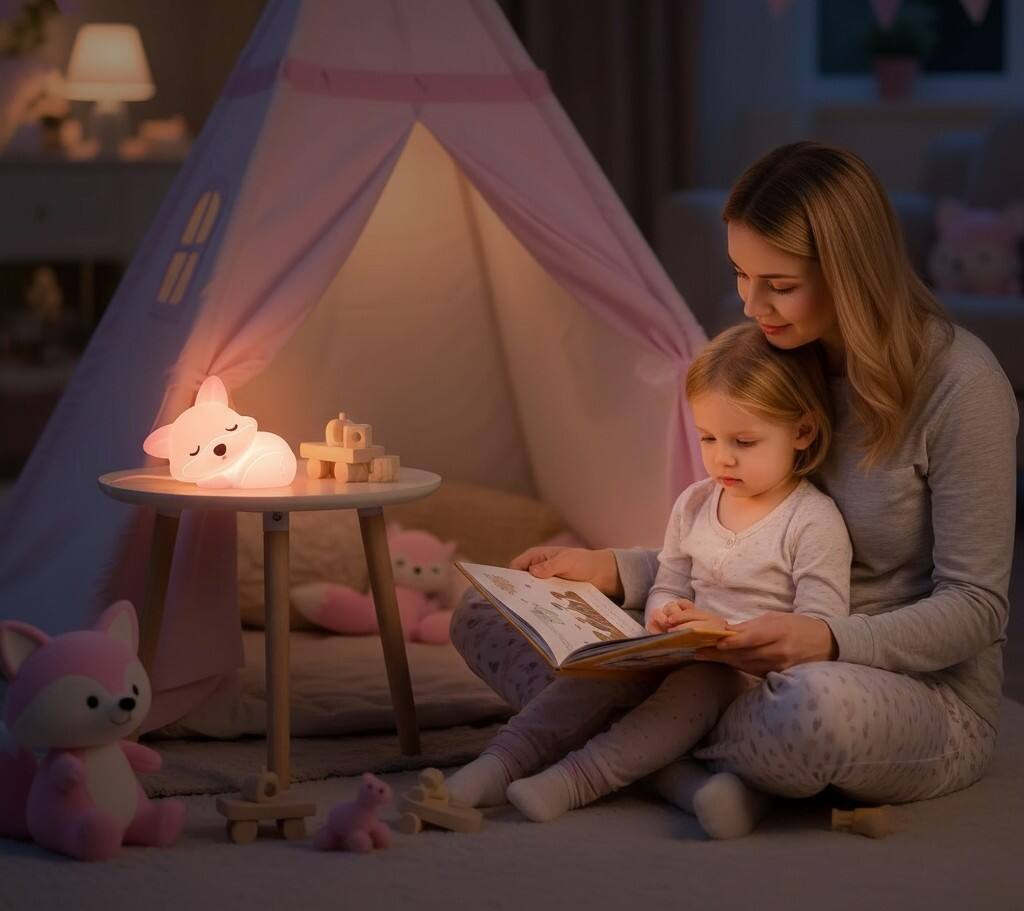 Alt View 2. FINEAK - Adorable Fox Silicone Night Light-Dimmable, Rechargeable, for Kids & Nursery - Pink fox.